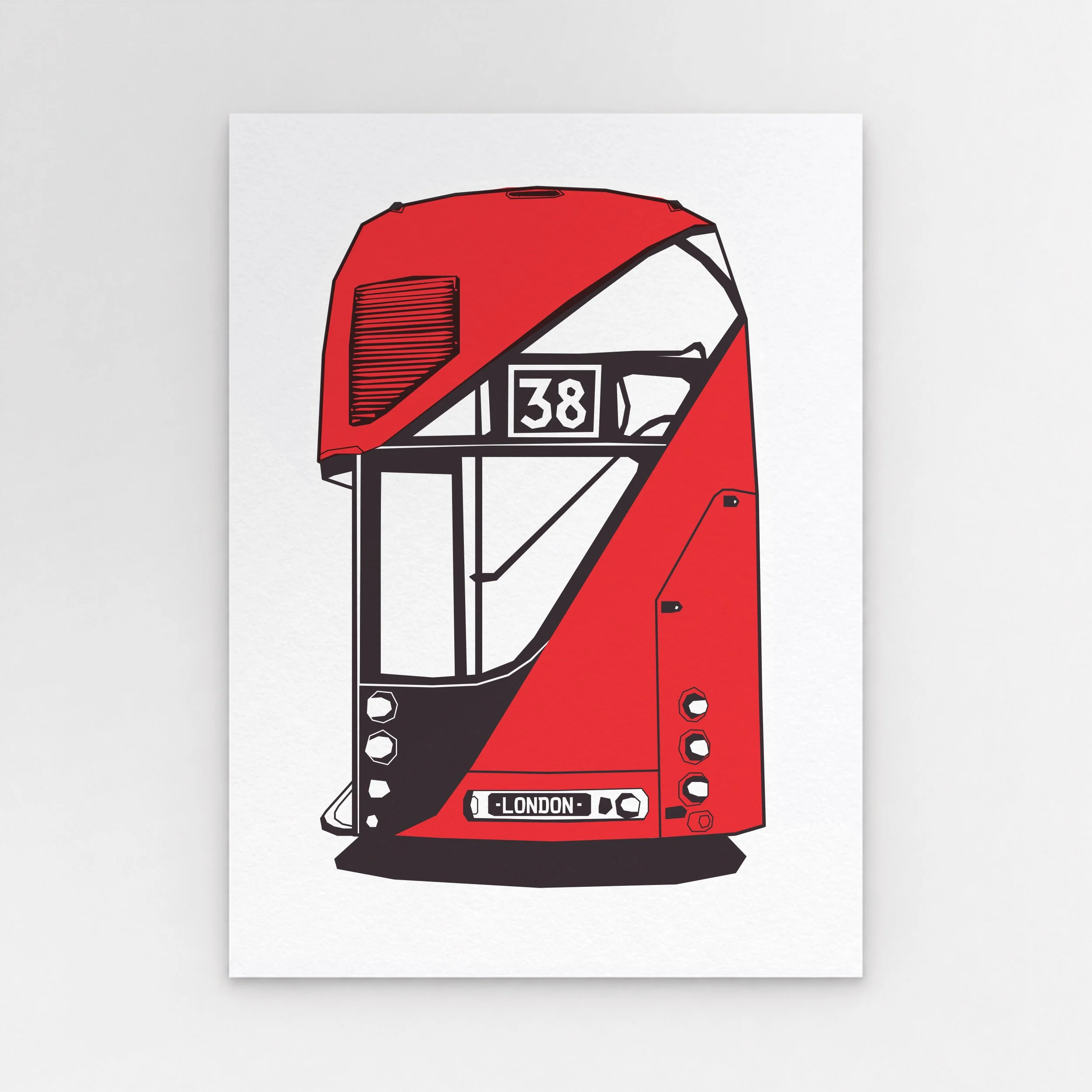 Rear view of a red London route 38 New Routemaster bus, with sweeping staircase glazing, stacked circular lights and a plate reading “LONDON”.