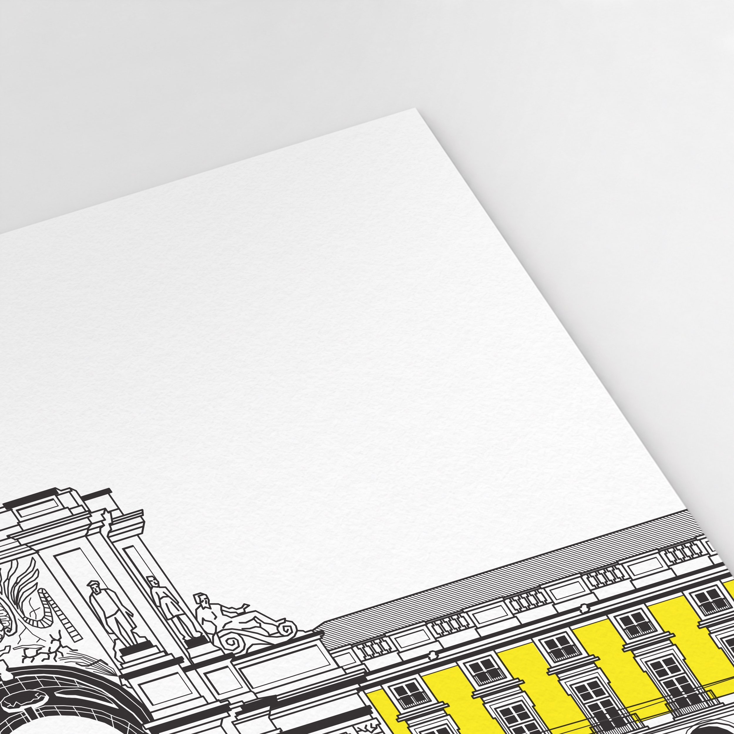 Detail of the architecture surrounding Praça do Comércio in Pablo Jorge’s Lisbon illustration.