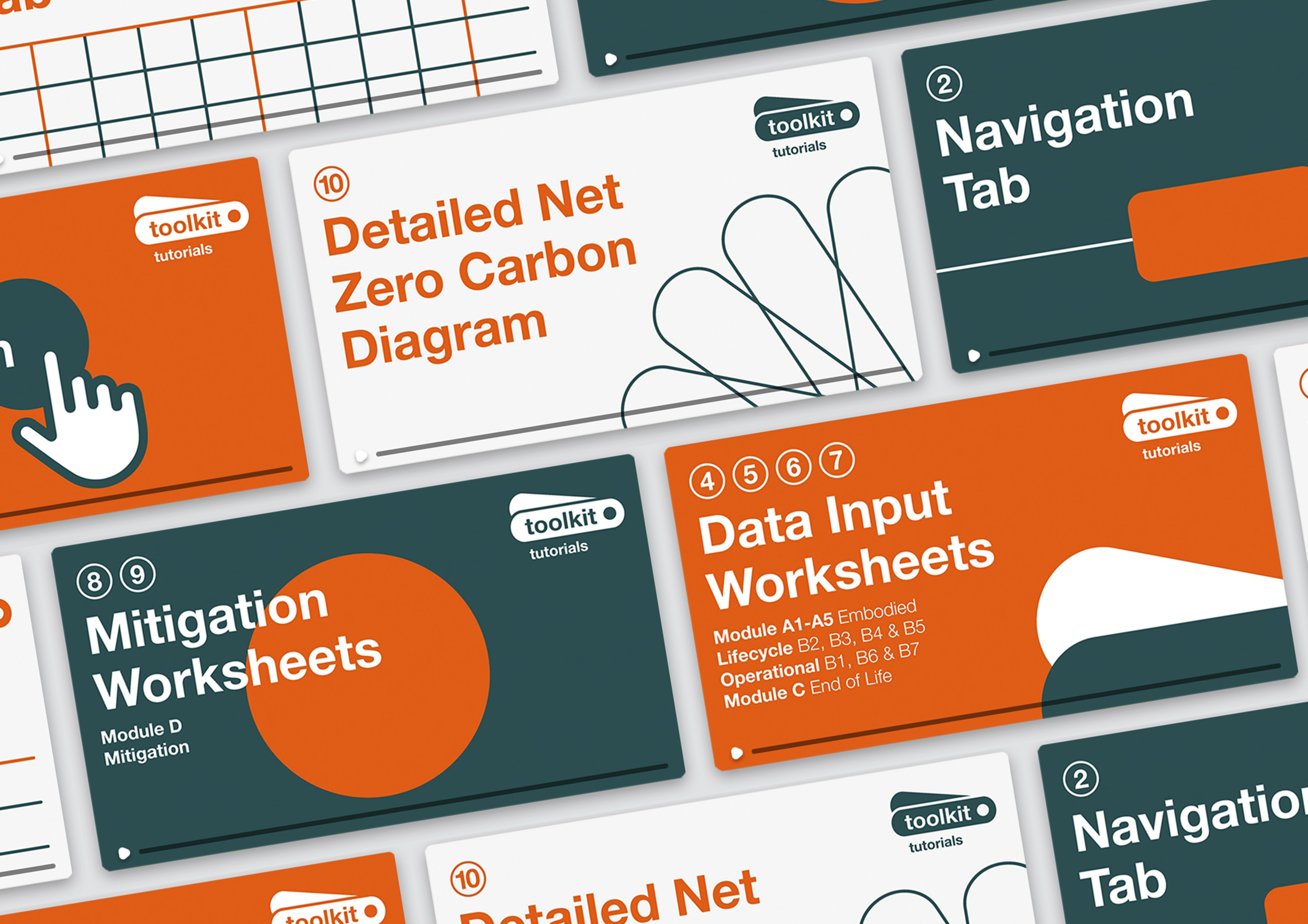 Thumbnail design for ten toolkit video tutorials following the brand colours teal and bright red with the different titles of the tutorials.