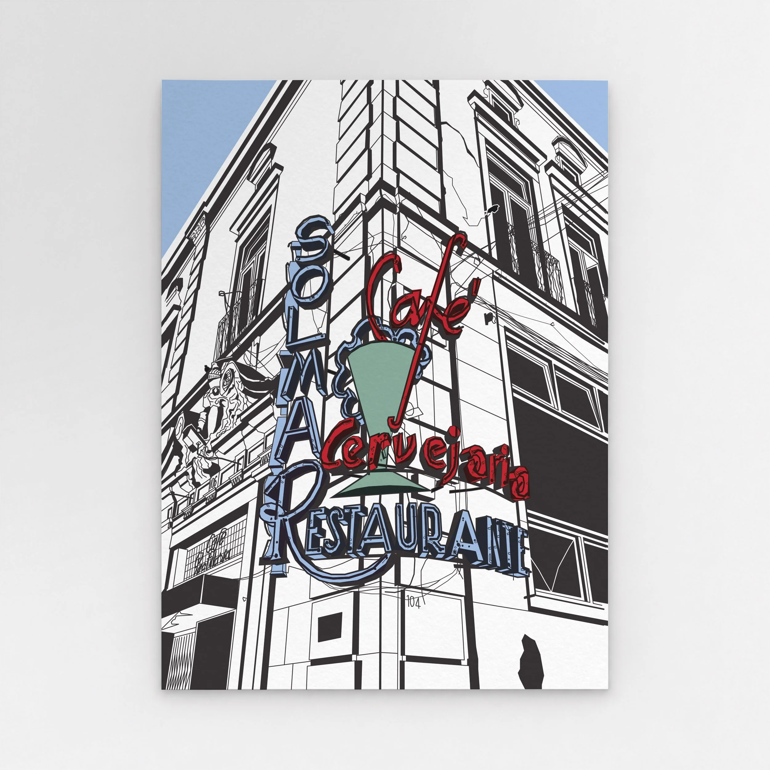 Illustration of the Cervejaria Solmar neon sign on Rua das Portas de Santo Antão in Lisbon.
