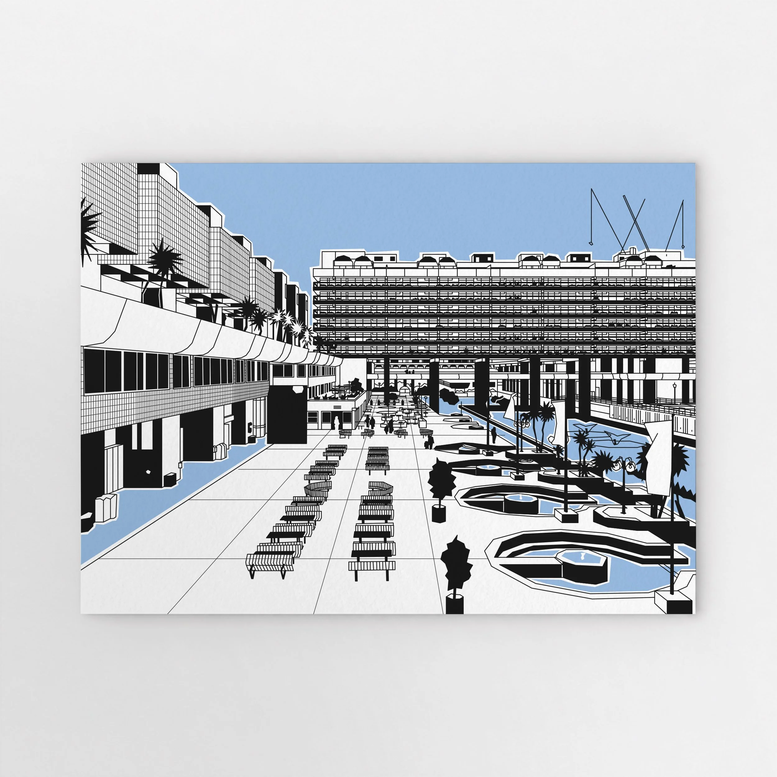 Barbican art print by Pablo Jorge, showing the lakeside terrace, fountains and geometric buildings in red, pale blue, green and black. (Copy)