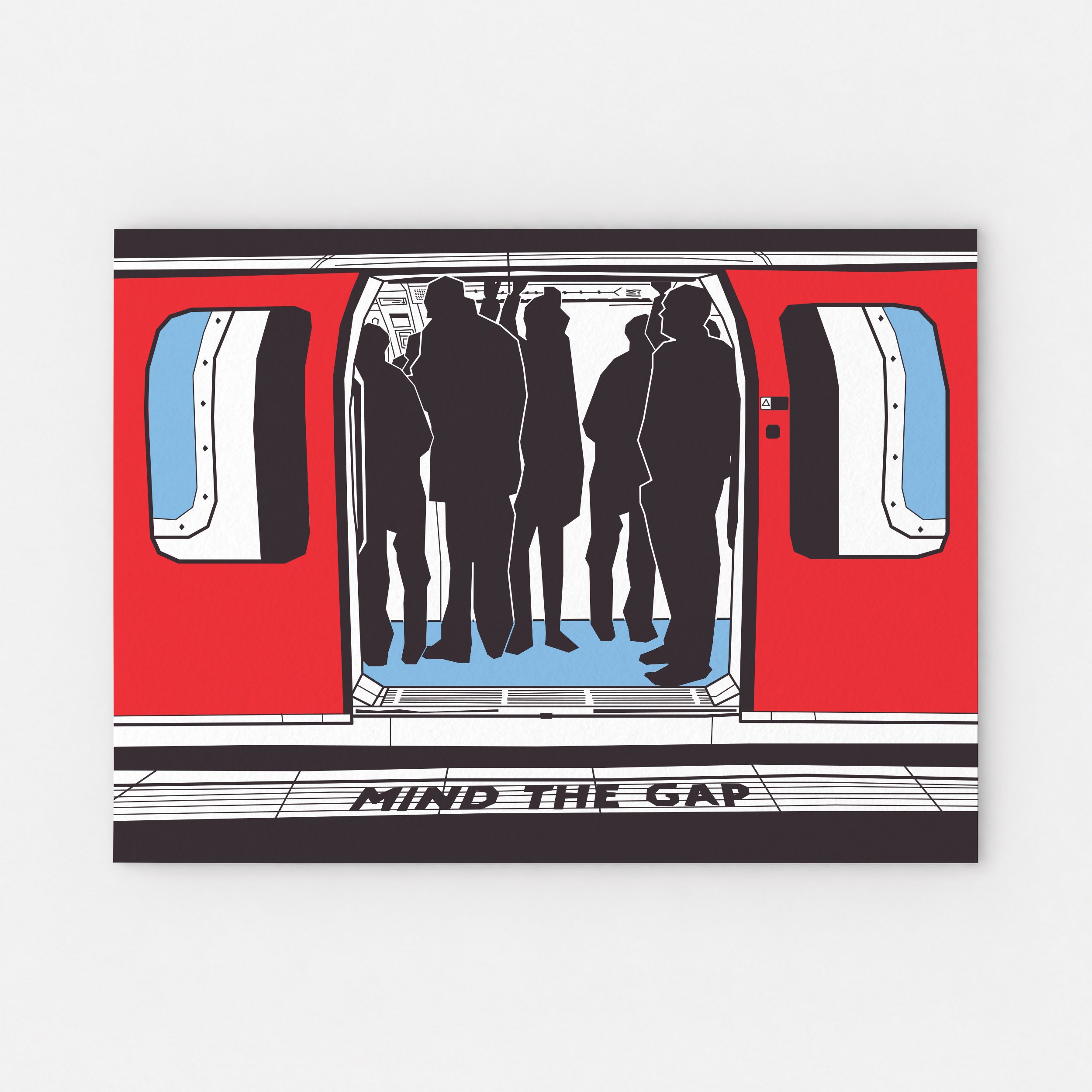 Open red doors of a Central line Tube train reveal standing passenger silhouettes and a blue floor, with “MIND THE GAP” across the platform edge.