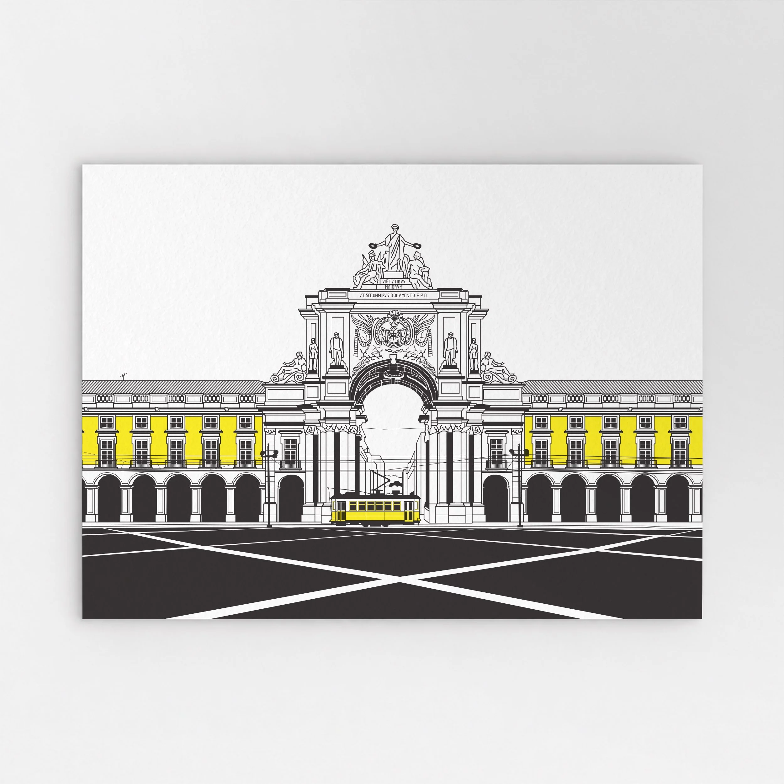 Architectural illustration of Praça do Comércio, Lisbon’s monumental square beside the River Tagus.