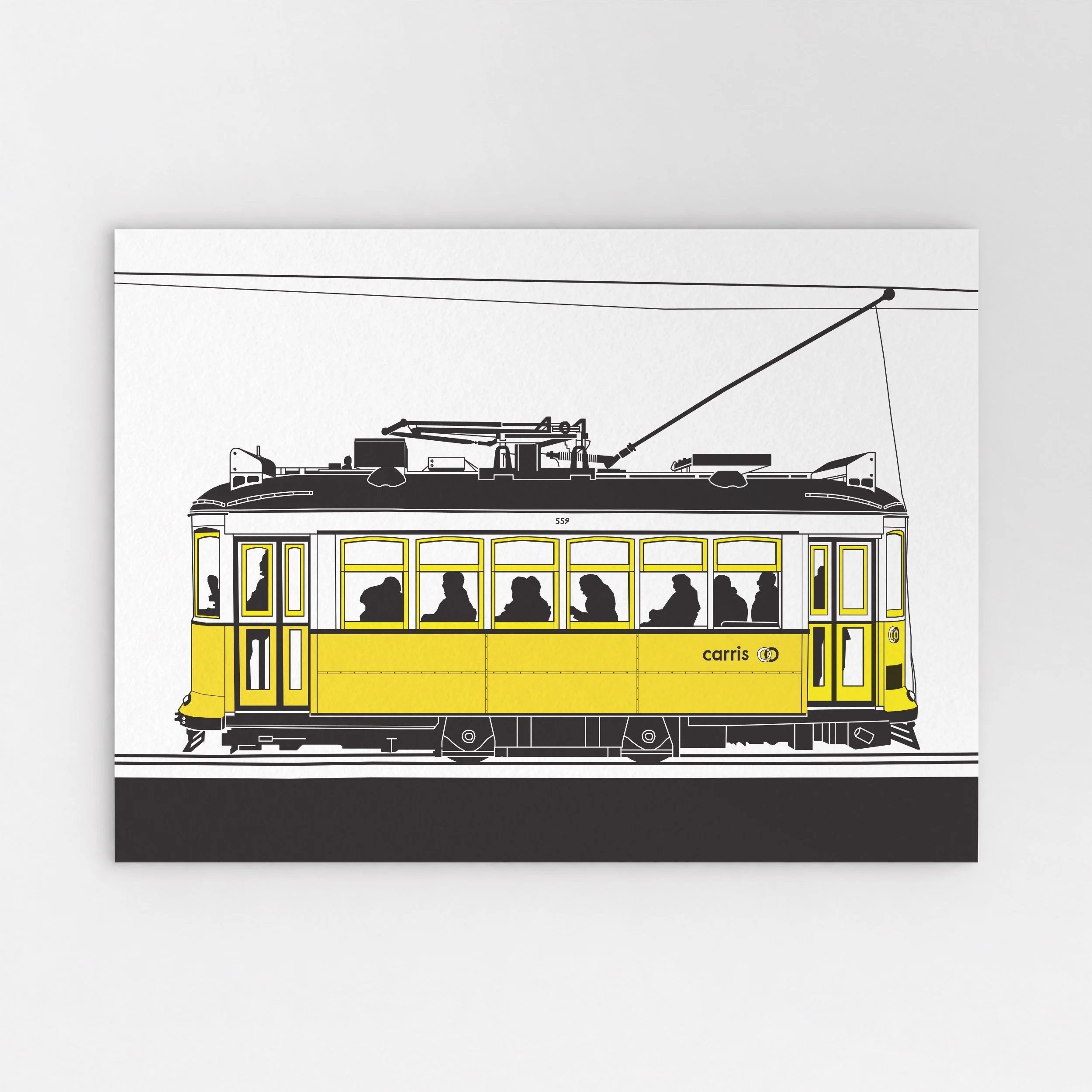 Side-view illustration of a traditional Lisbon tram, showing its windows, doors and compact carriage.