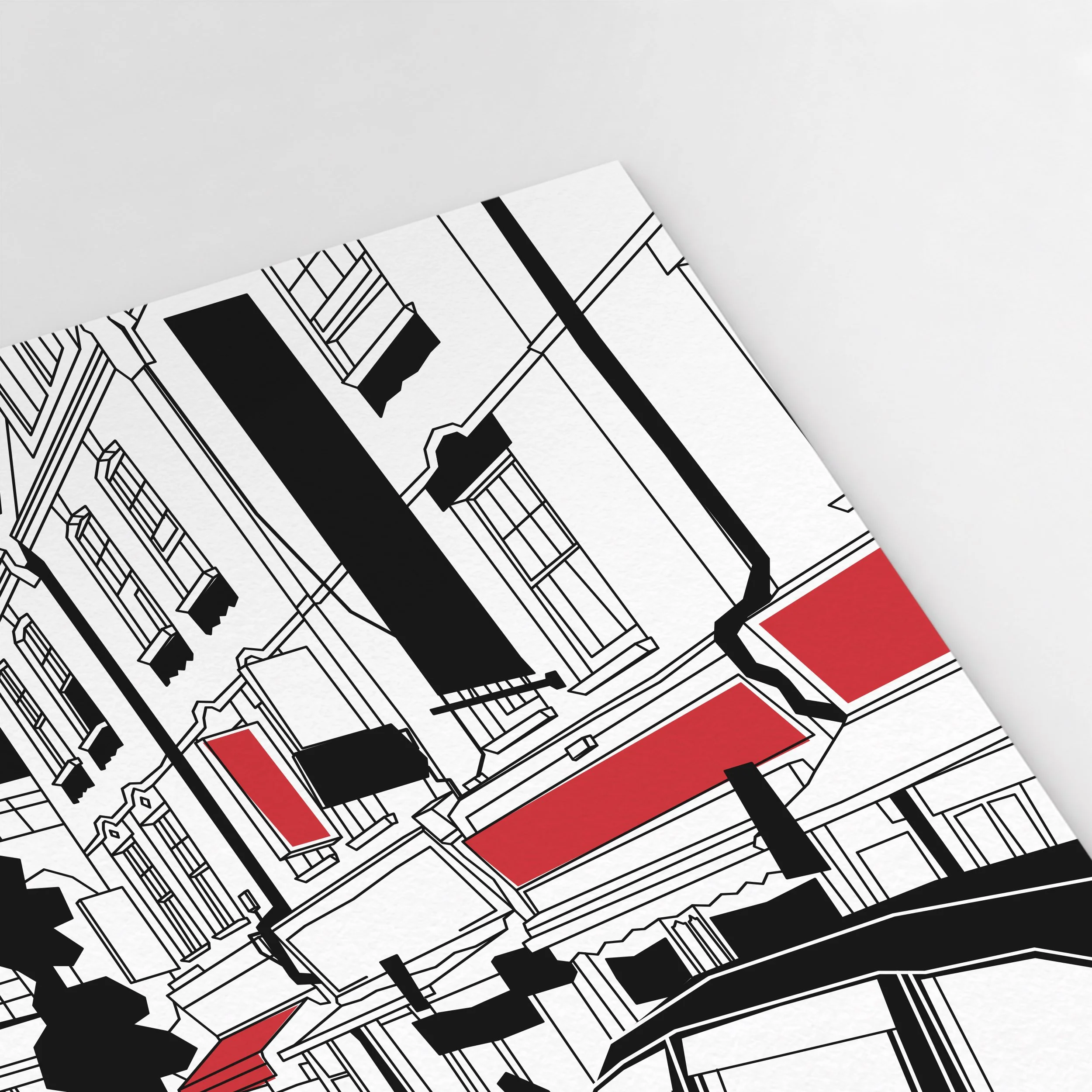 Close-up of the Brick Lane Cab print, showing restaurant lettering, the Truman Brewery bridge and a red taxi beside the pavement.
