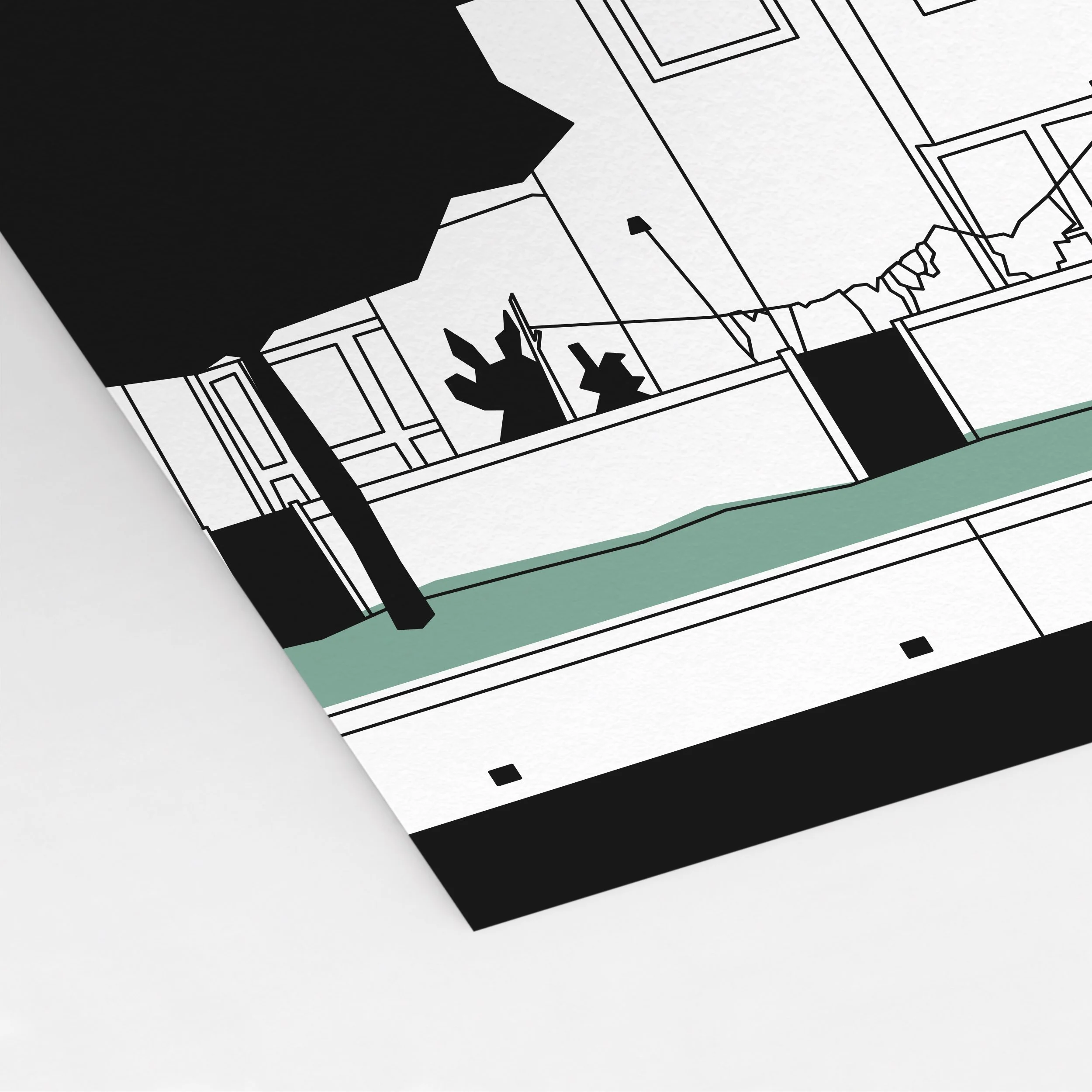 Close-up of Pablo Jorge’s Black Prince Road back gardens illustration, showing geometric windows, garden boundaries and everyday domestic details.