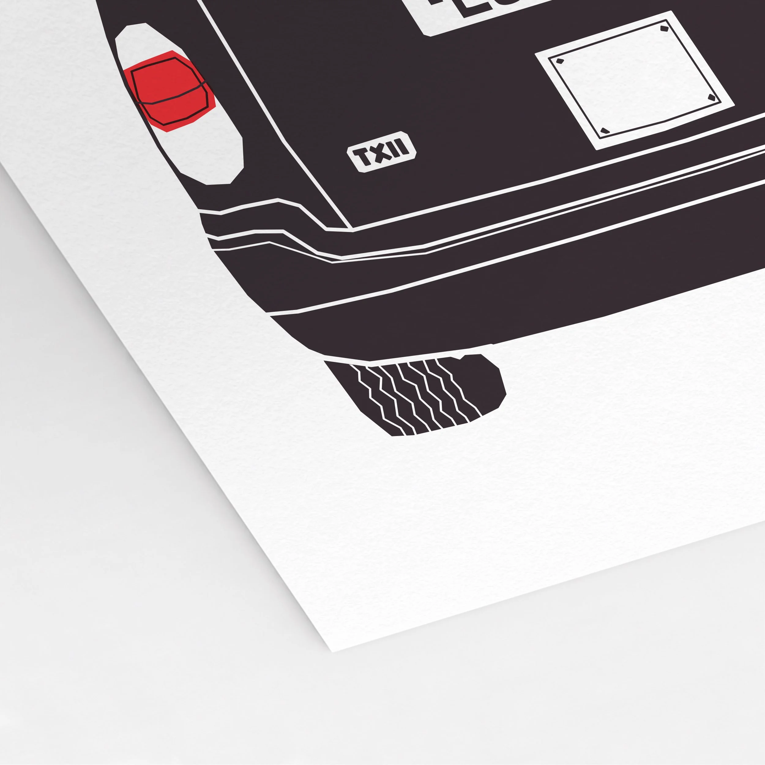Close-up of Pablo Jorge’s London black cab illustration, showing fine linework, solid black bodywork and red accents.