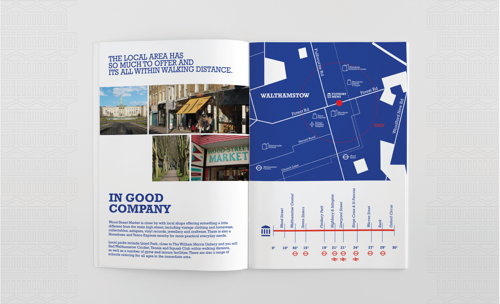 Brochure opening spread showing area photography on the left and location map with transport links on the right.