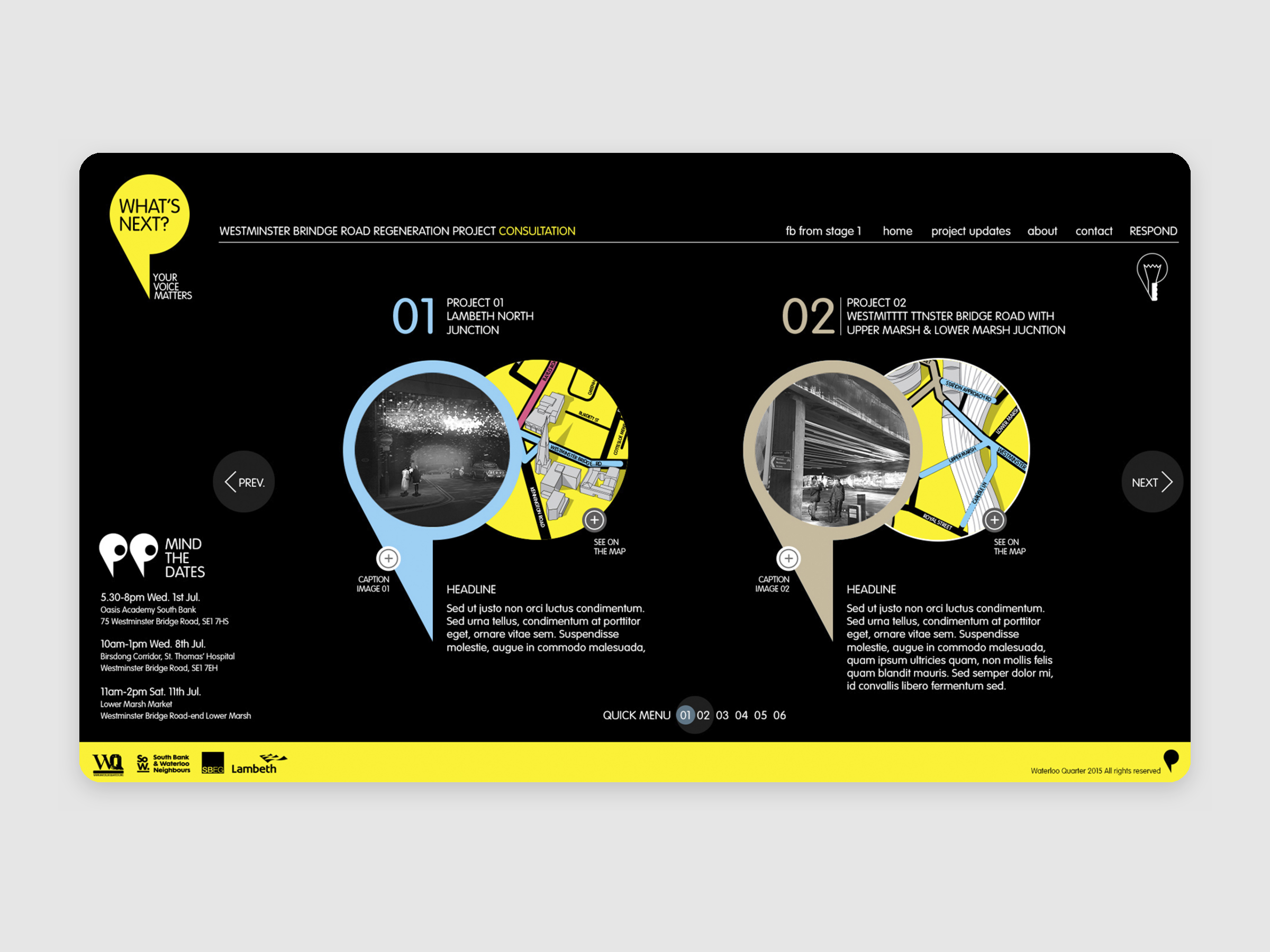 Website's page showing each regenration areas with a colour coding and nimbering and titles over a black background.