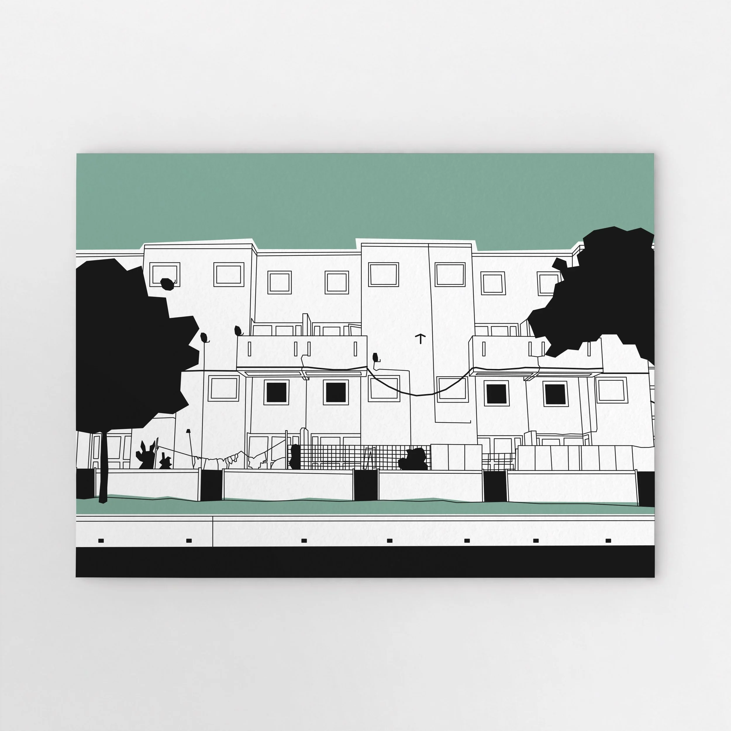 Rear view of council housing on Black Prince Road, with balconies, enclosed gardens, washing on a line and silhouetted trees against a teal-green sky.