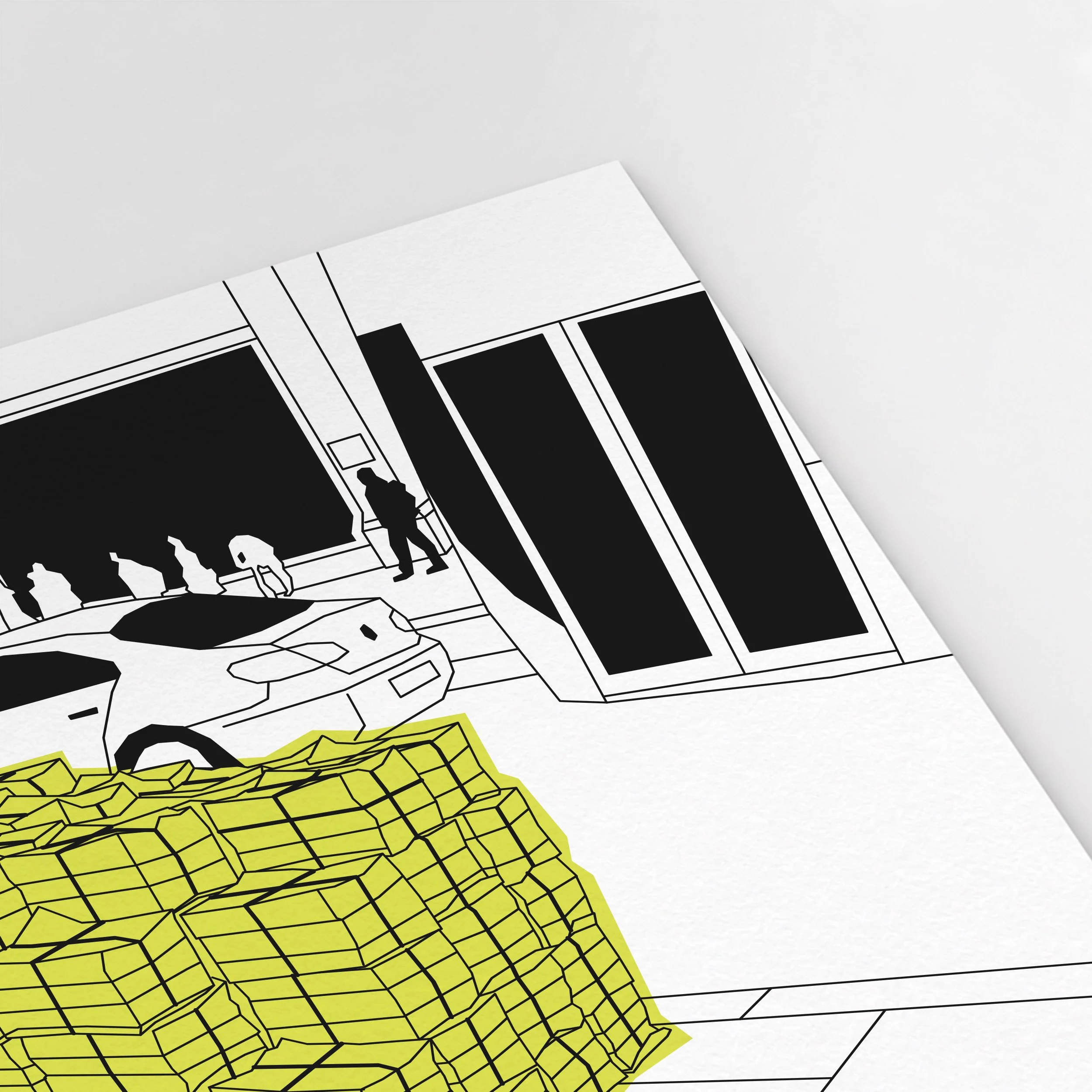 Close-up of Pablo Jorge’s Evening Standard illustration, showing stacked newspaper bundles in yellow with fine black linework.