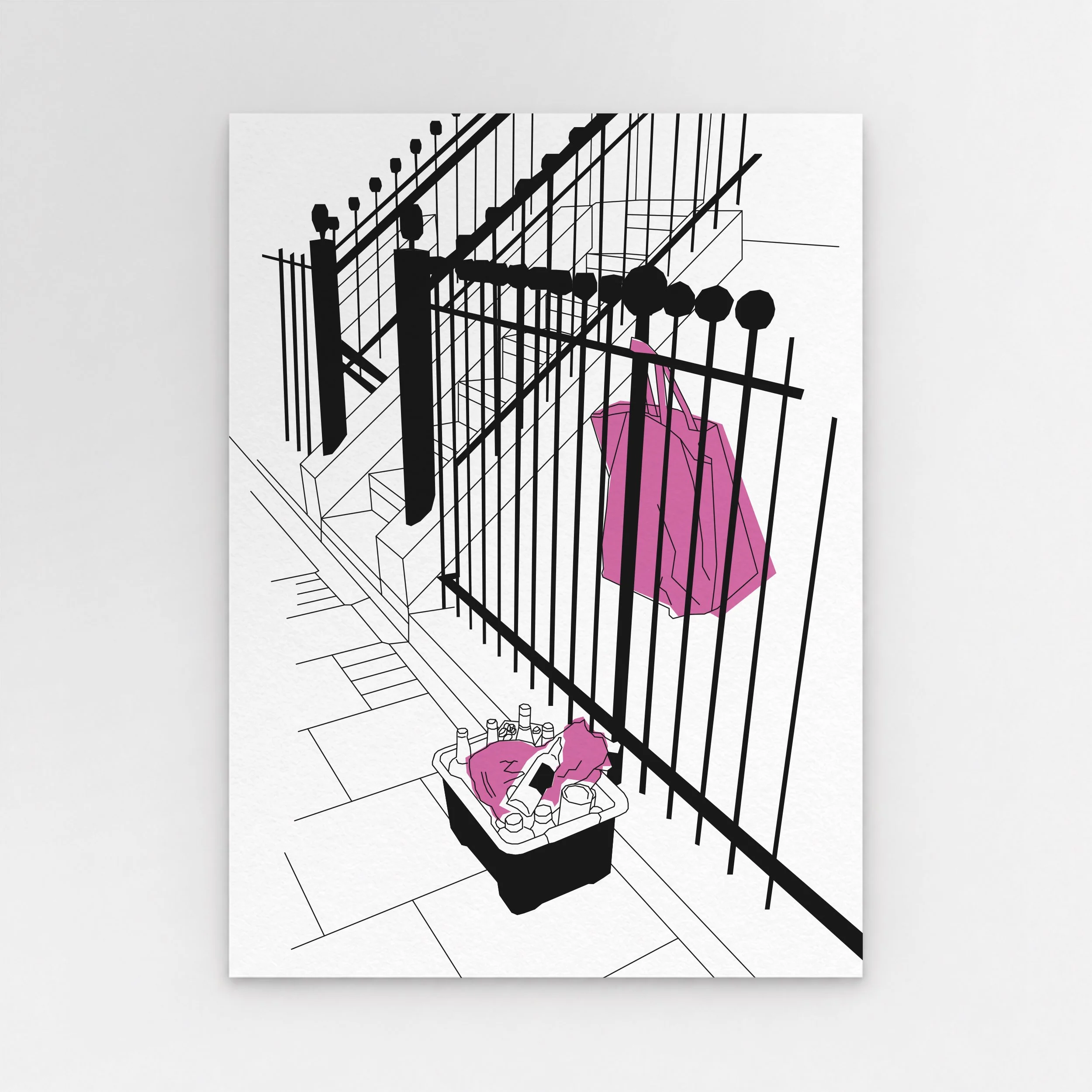 London street illustration with black iron railings, steps, a bright pink bag hanging from the fence and a recycling box filled with bottles and cans.