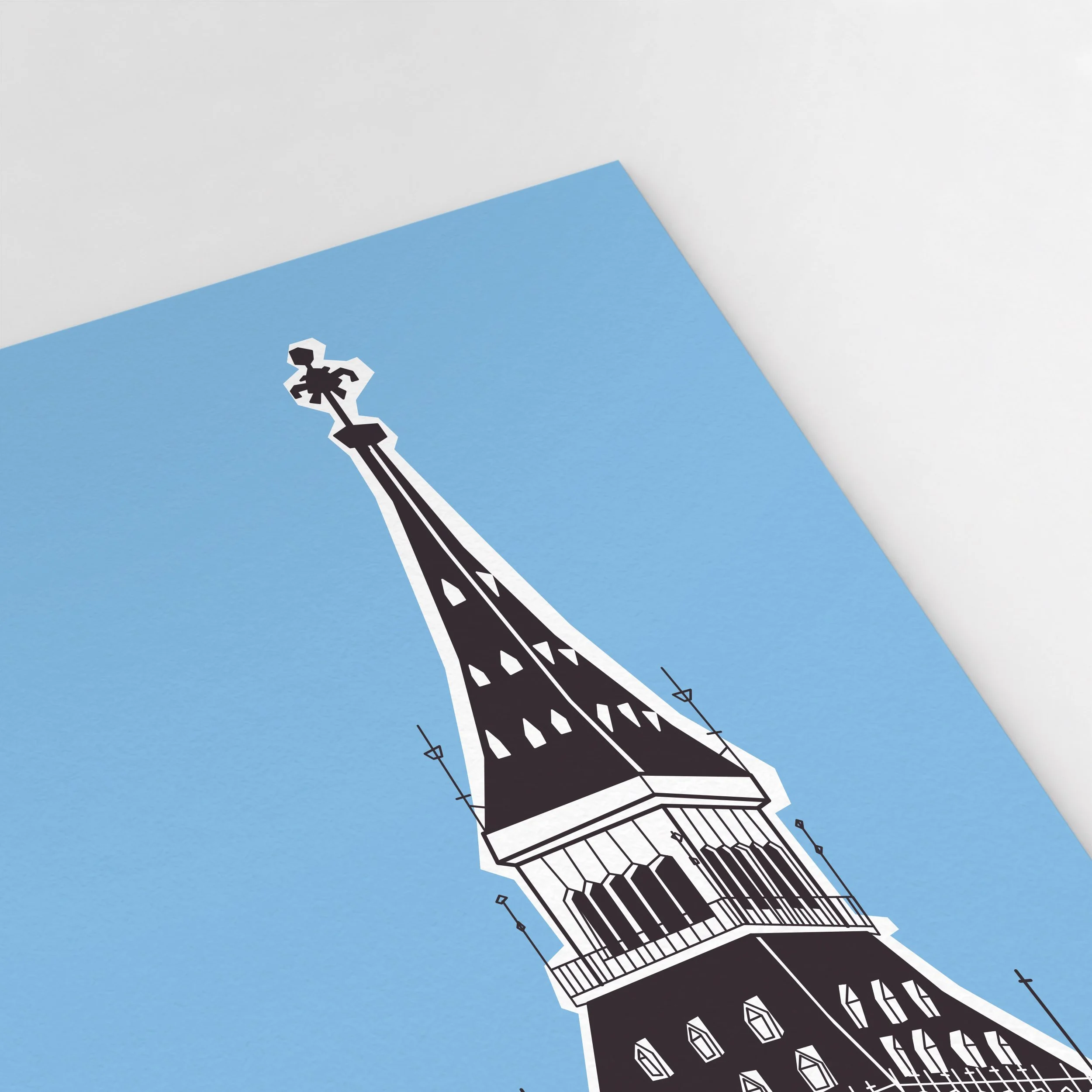 Close-up of Pablo Jorge’s Big Ben illustration, showing the tower’s architectural linework and colour.