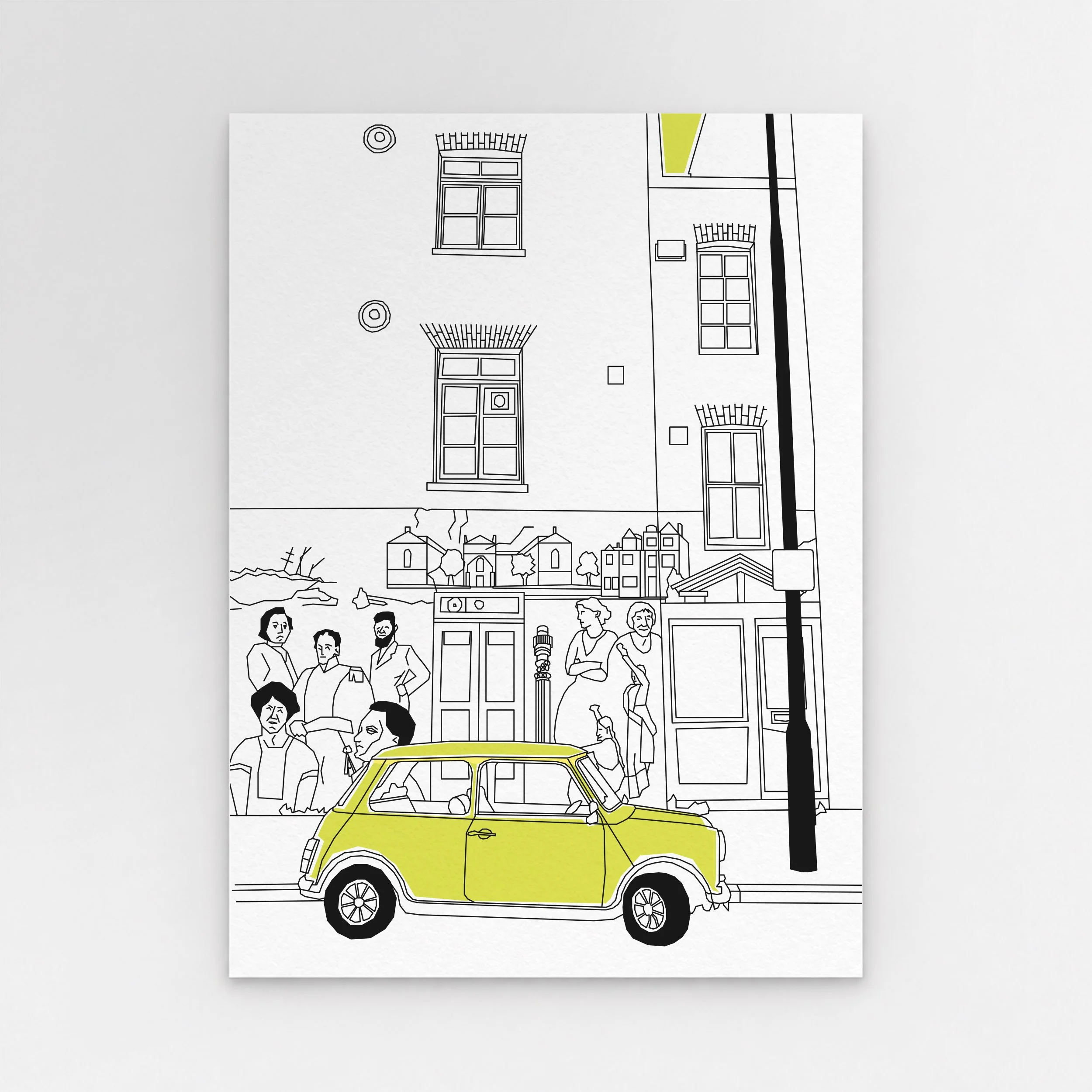 A bright yellow classic Mini parked on Goodge Place, with Brian Barnes’s mural and the building above drawn in fine black lines.