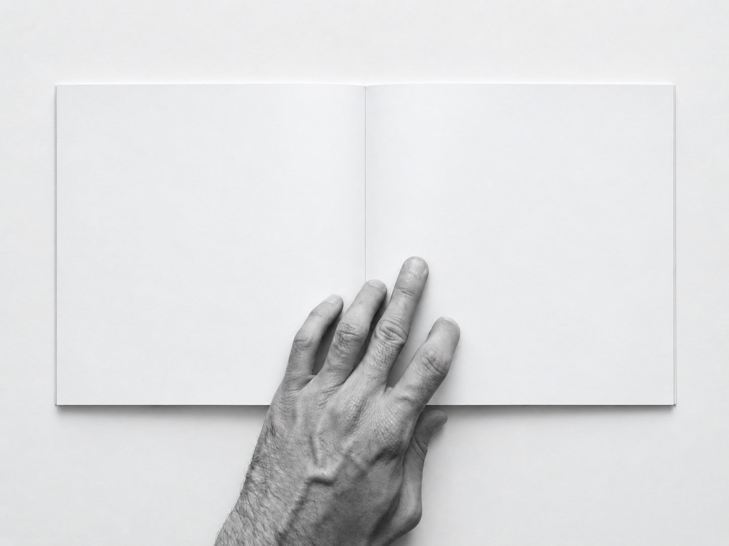 A black and white image of Pablo's hand turning the pages of an open blank book on a white surface.