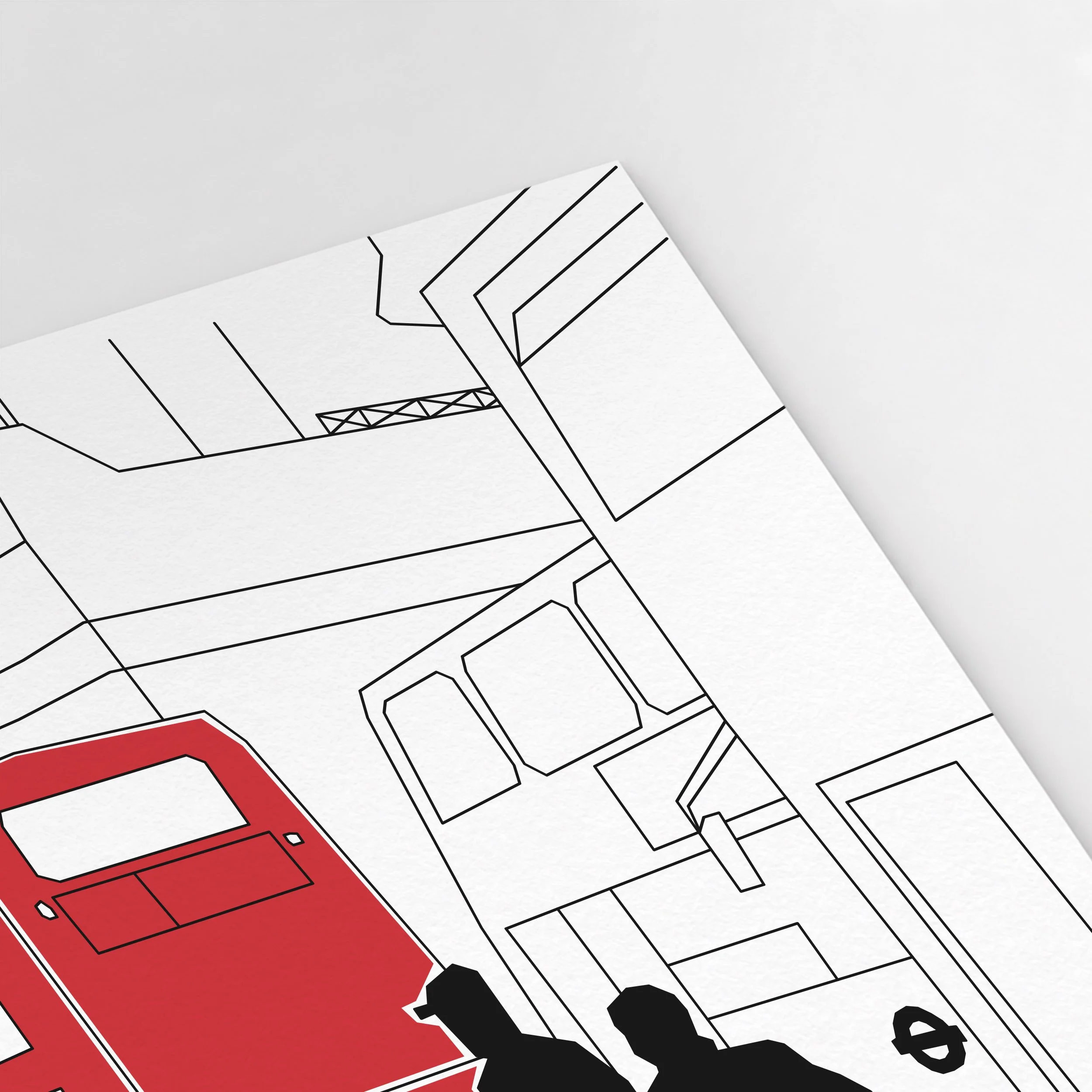 Detail of Pablo Jorge’s Oxford Circus illustration, showing the street scene’s architectural linework.