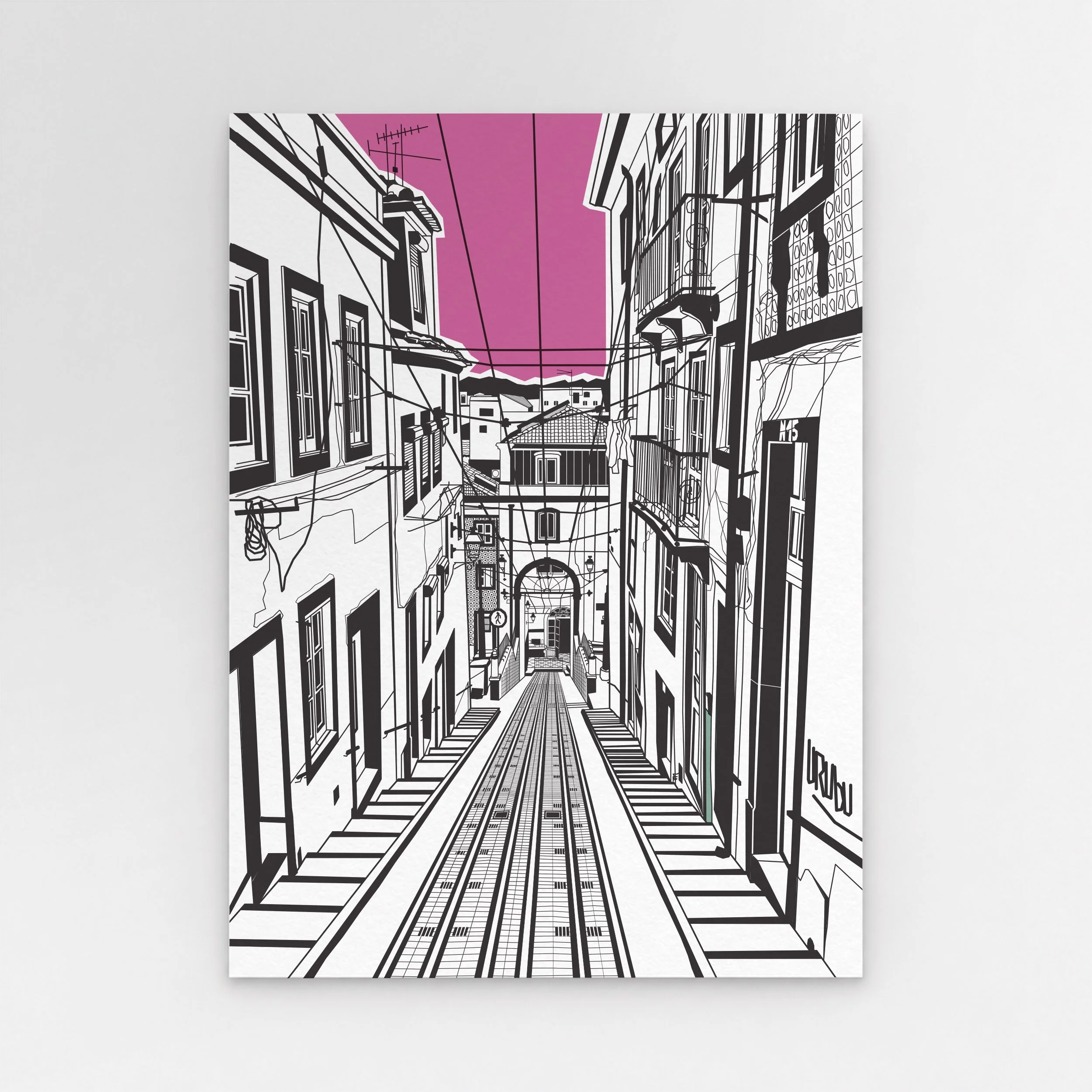 Exterior illustration of the Elevador da Bica funicular on its steep street in Lisbon.