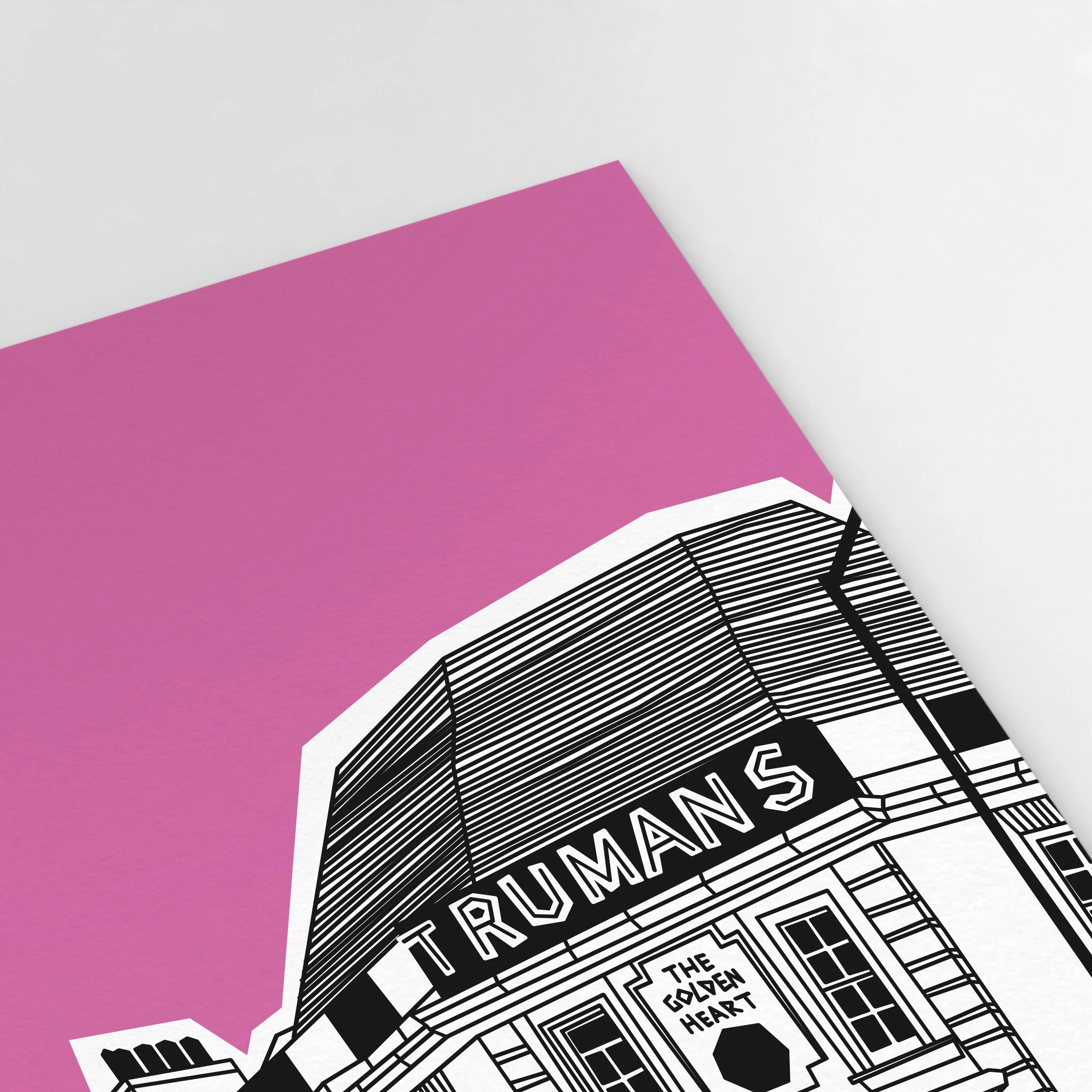 Detail of Pablo Jorge’s Golden Heart pub illustration, showing architectural linework and colour.