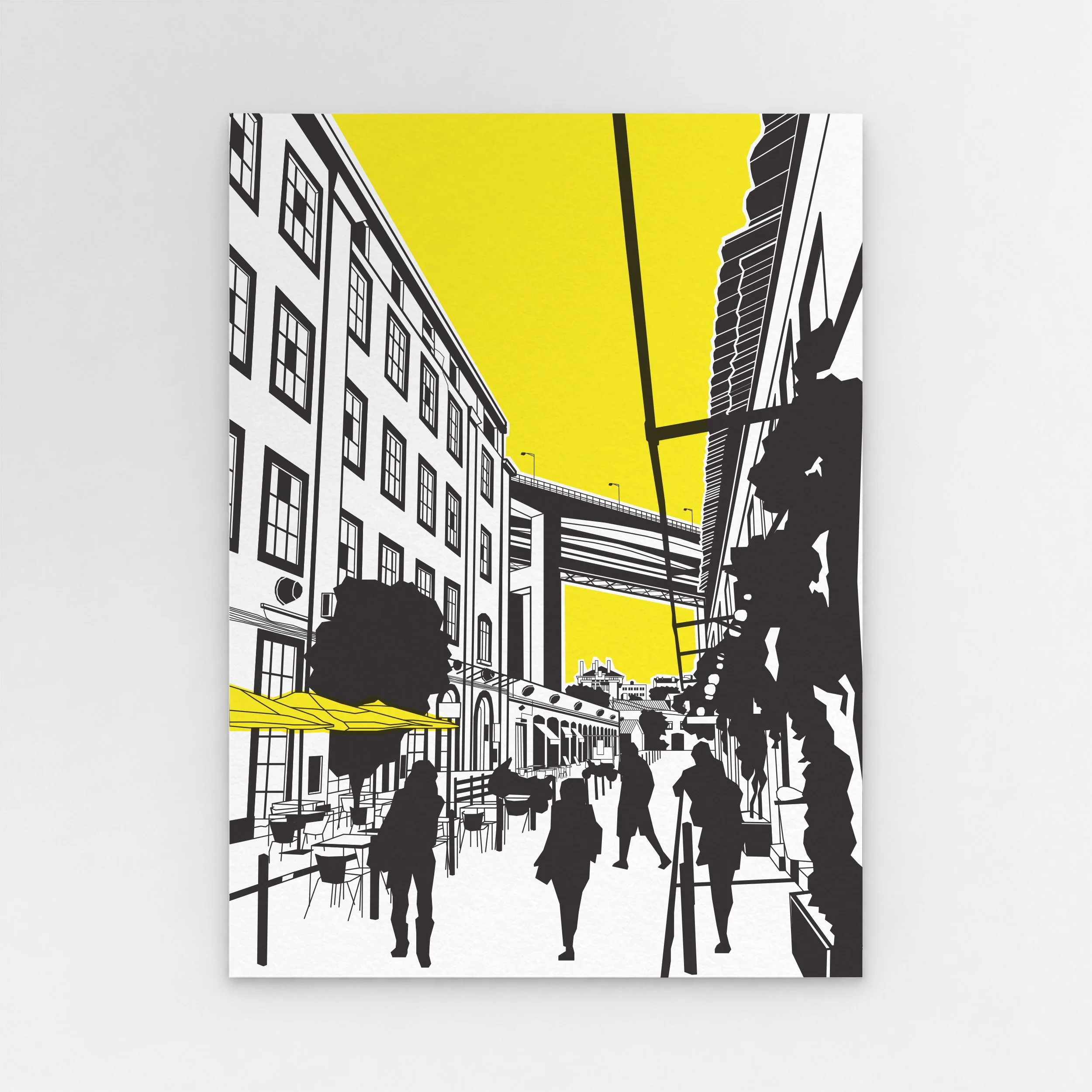 Illustration looking along one of the main streets inside LX Factory, between former industrial buildings in Lisbon.