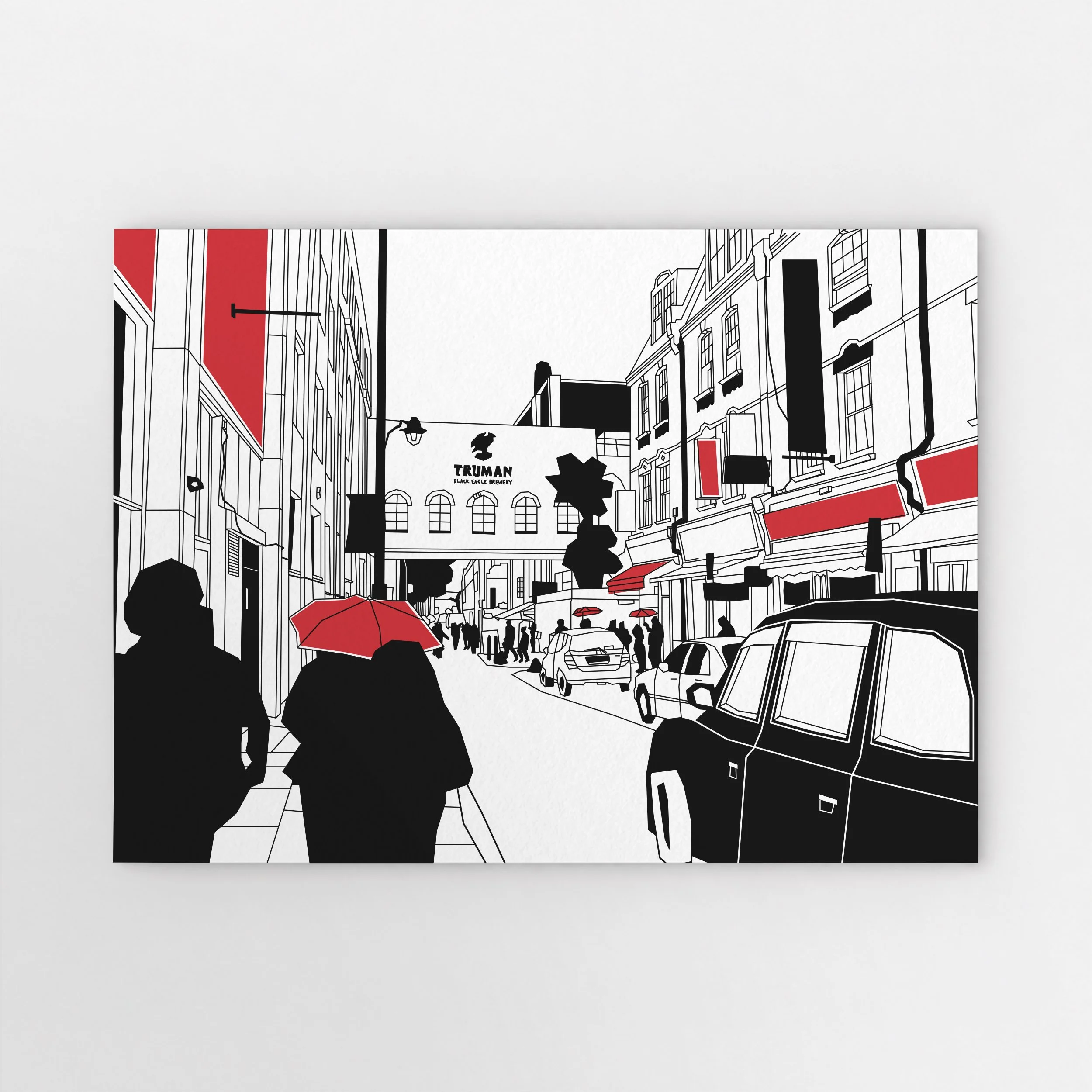Brick Lane art print by Pablo Jorge, showing a red London taxi, a pedestrian with a red umbrella and the Truman Brewery bridge.