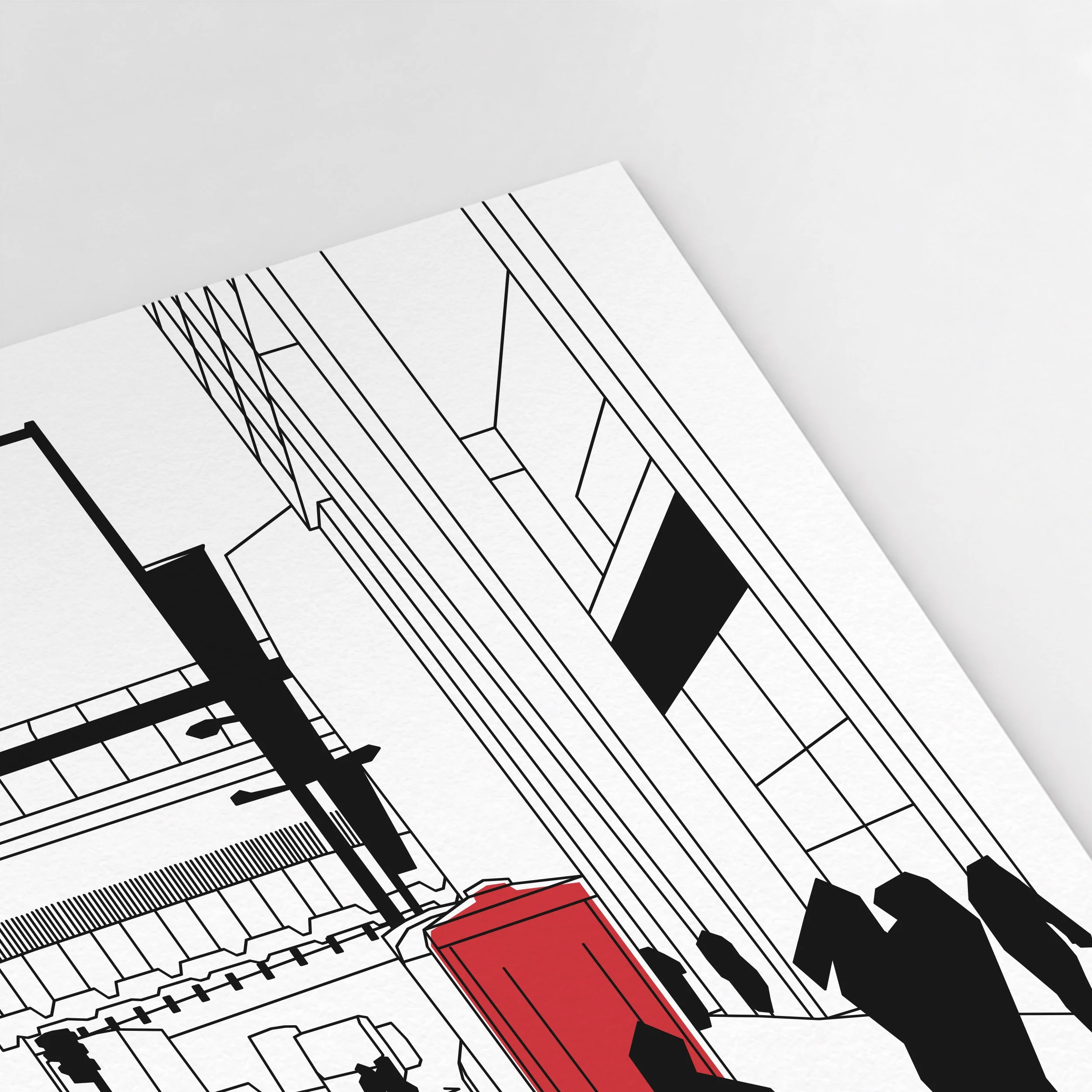 Detail of Pablo Jorge’s Waterloo station illustration, showing architectural features on the Waterloo Road side.