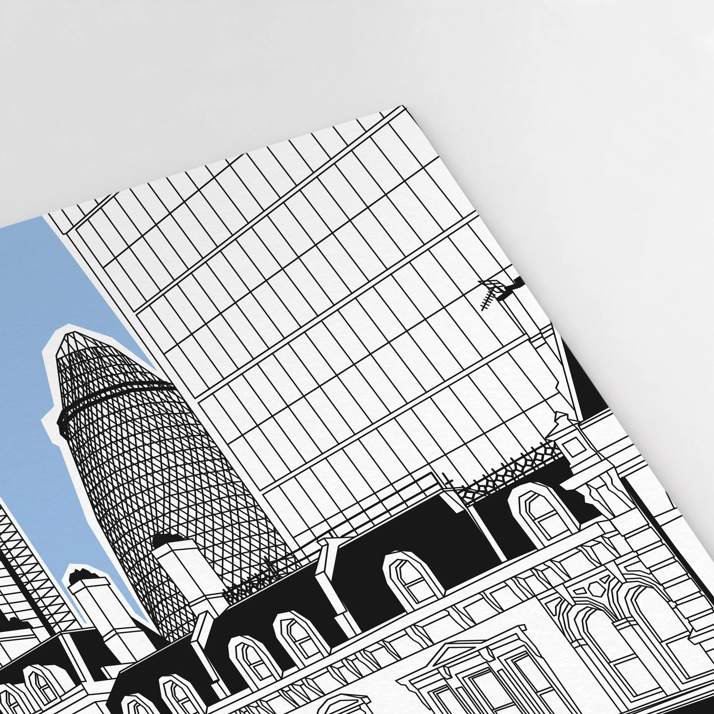 Angled close-up of the Gherkin print, showing its curved glass façade above an ornate historic building and red shop lettering. (Copy)