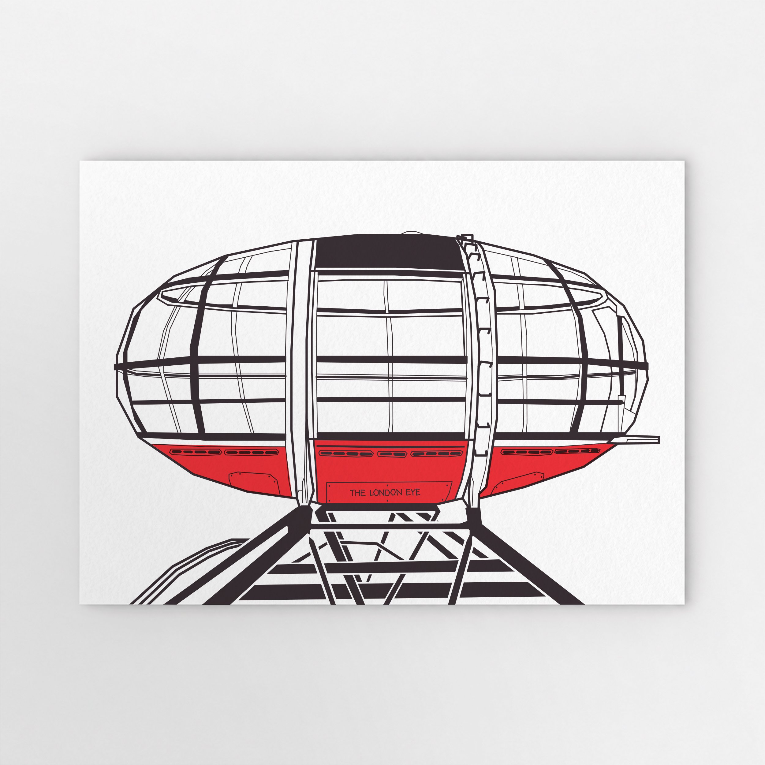 Close-up illustration of a London Eye passenger capsule, showing its oval glass enclosure, curved framework and red lower panels above the wheel’s supporting structure.