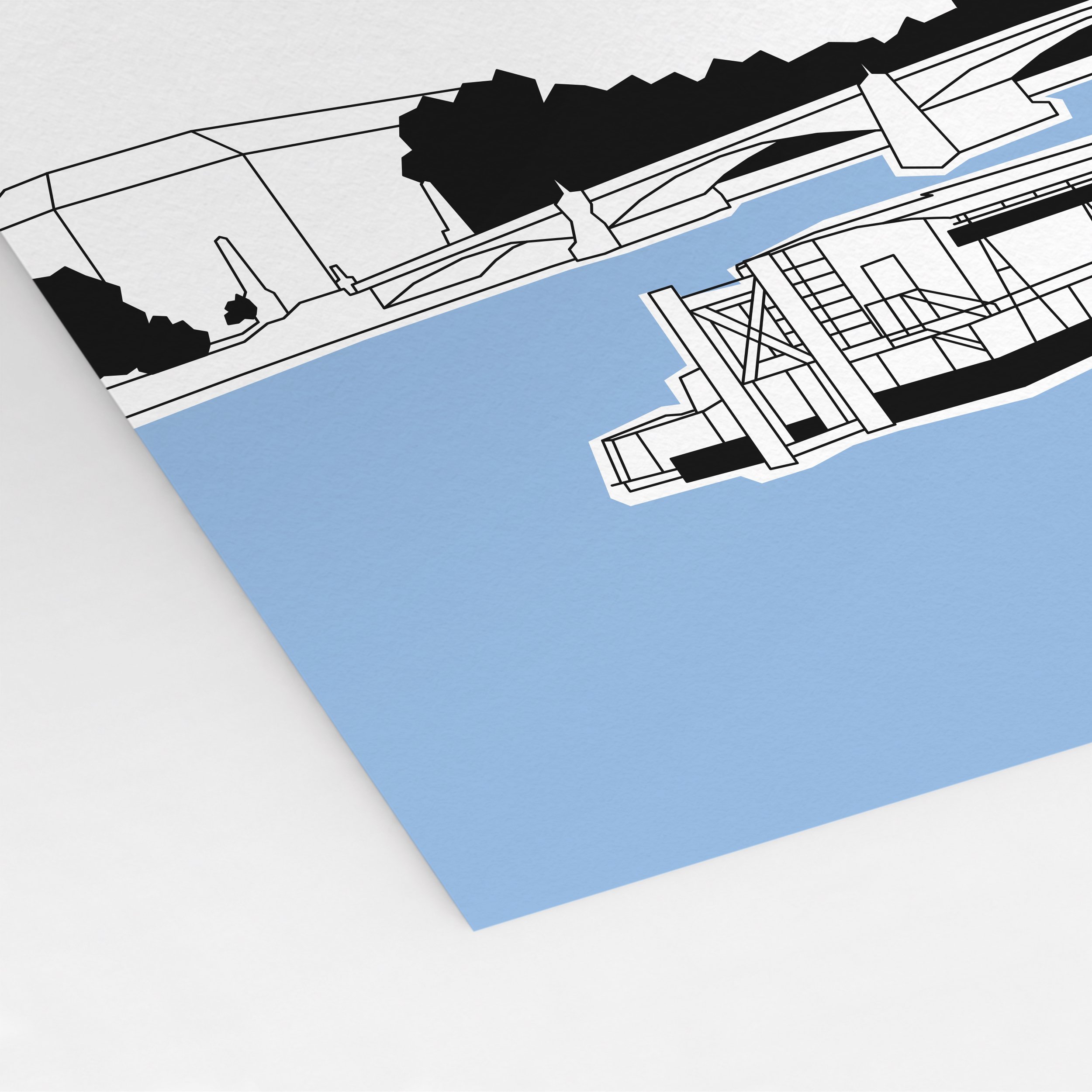 Detail of Pablo Jorge’s Lambeth Bridge illustration, showing architectural linework from the riverside scene.