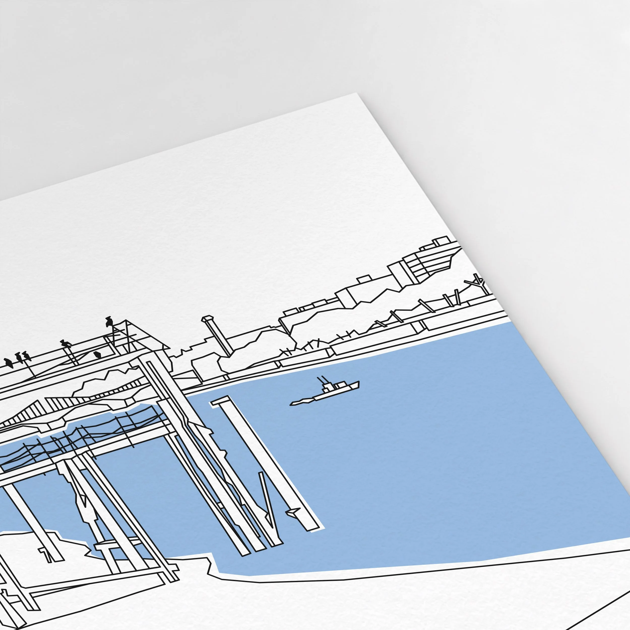 Close-up of Pablo Jorge’s Battersea Old Jetty illustration, showing the riverside structure in fine black linework with blue water.