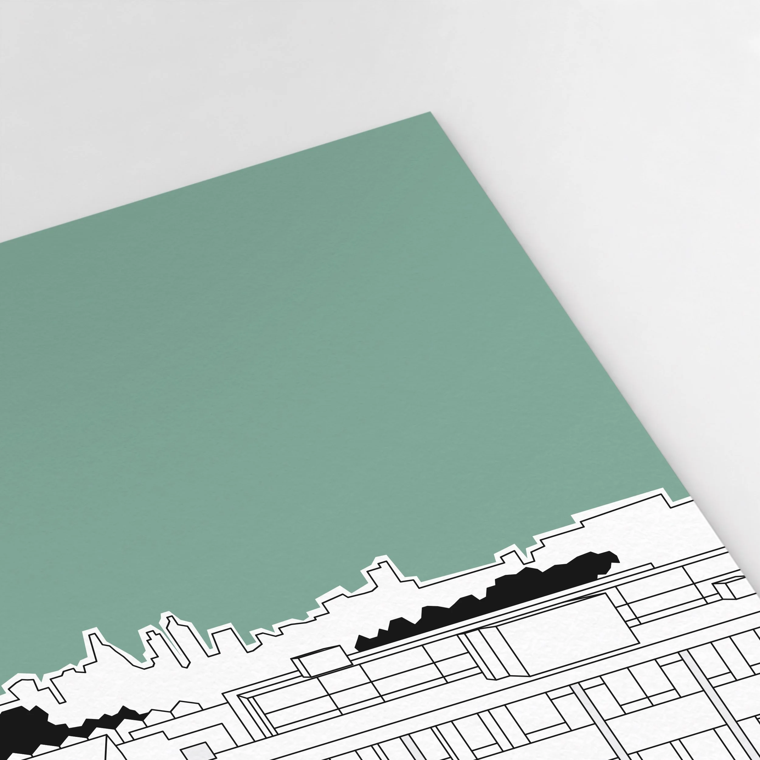 Close-up of Pablo Jorge’s London skyline illustration, showing geometric façades, rows of windows and fine architectural linework.