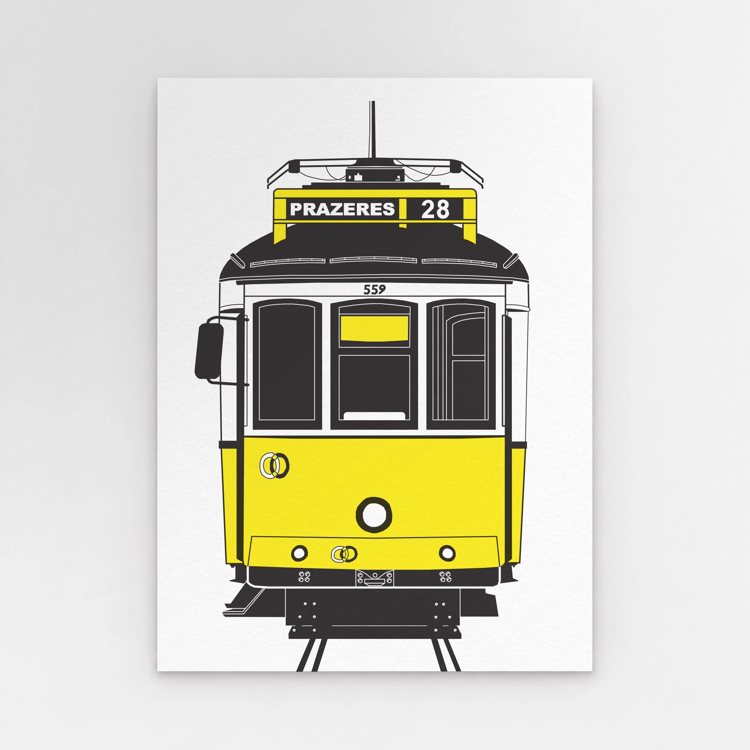 Front-view illustration of Lisbon tram 28 with Prazeres displayed as its destination.