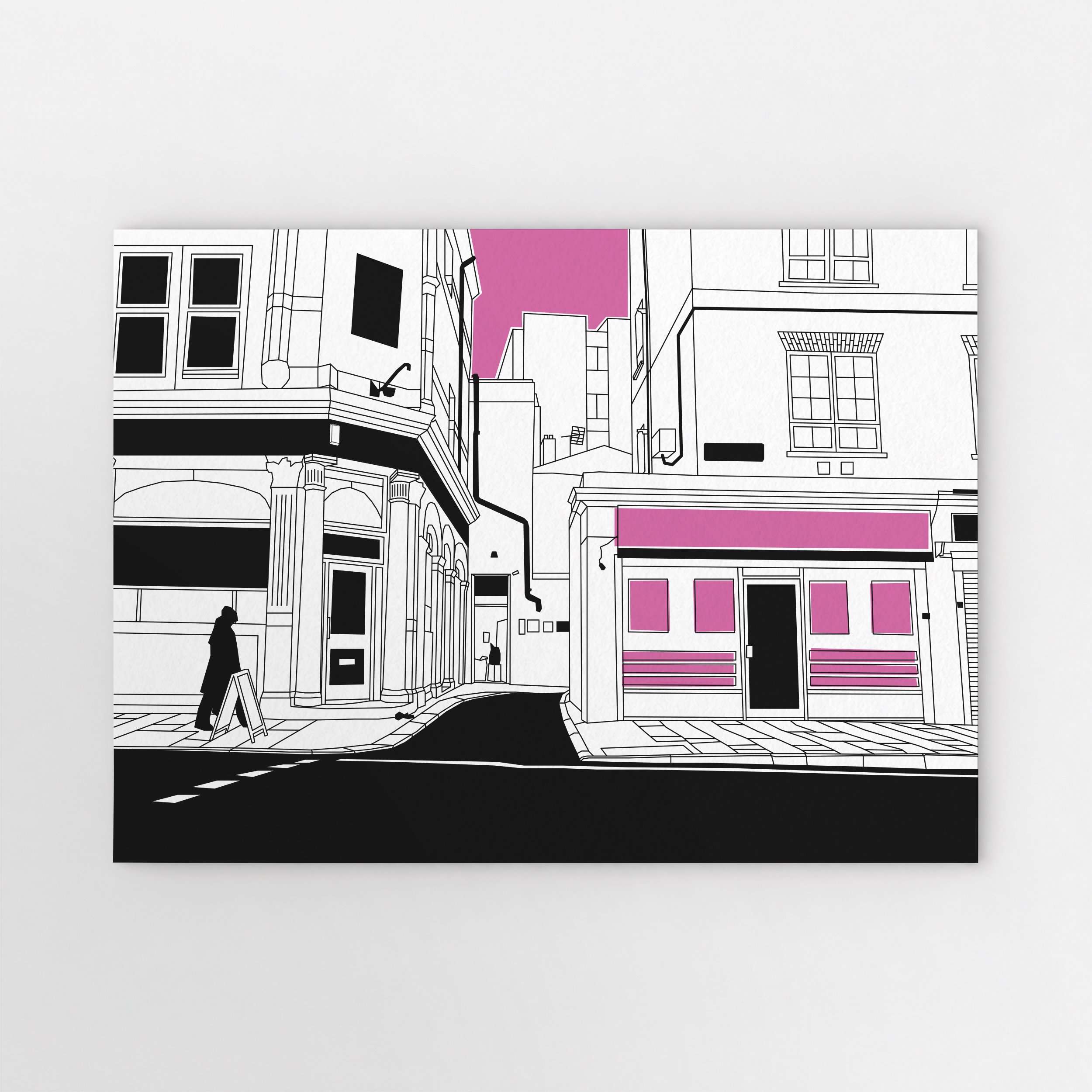 The Jolly Gardeners pub on the left, narrow Lilac Place in the centre and a convenience store on the right, drawn in black and white with pink shopfront panels and sky.