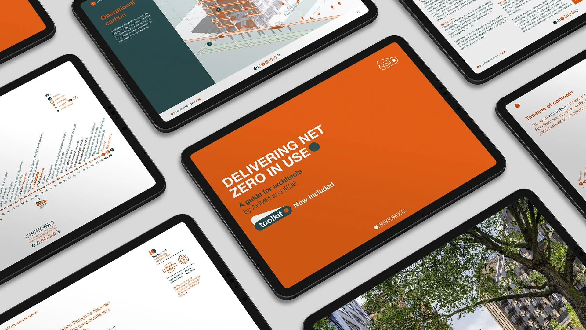 Multiple tablets displaying digital guides and infographics about zero net operational carbon, architecture, and sustainability.