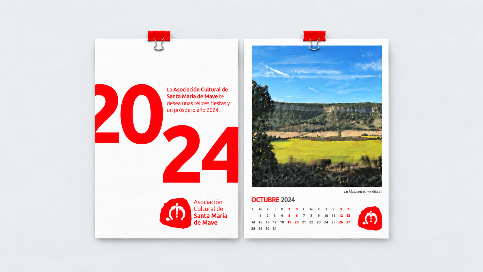 Front cover and month's page of the A5 calendar for the  Mave Cultural Association.
