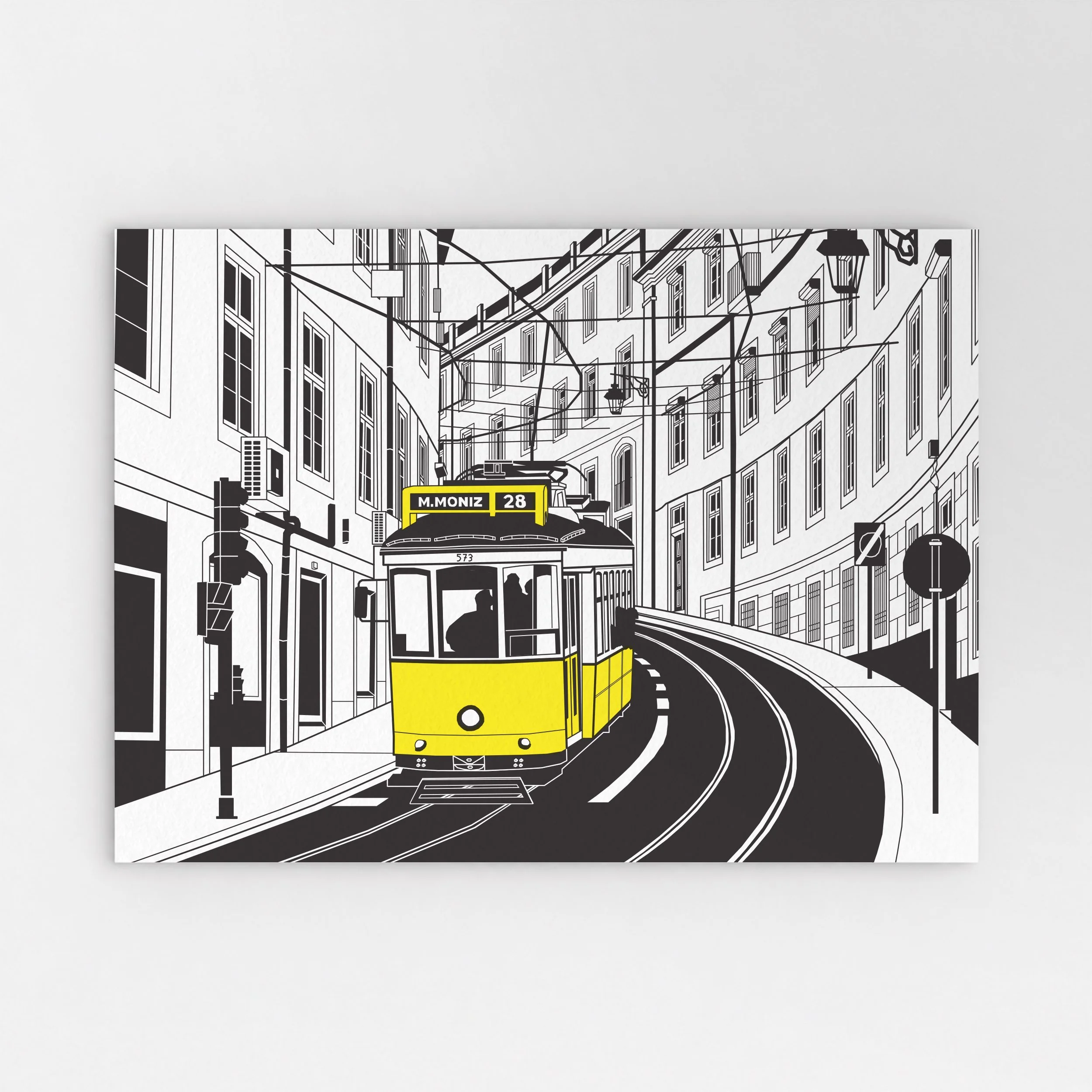 Illustration of a Lisbon tram travelling downhill on São Francisco, framed by the surrounding street and buildings.