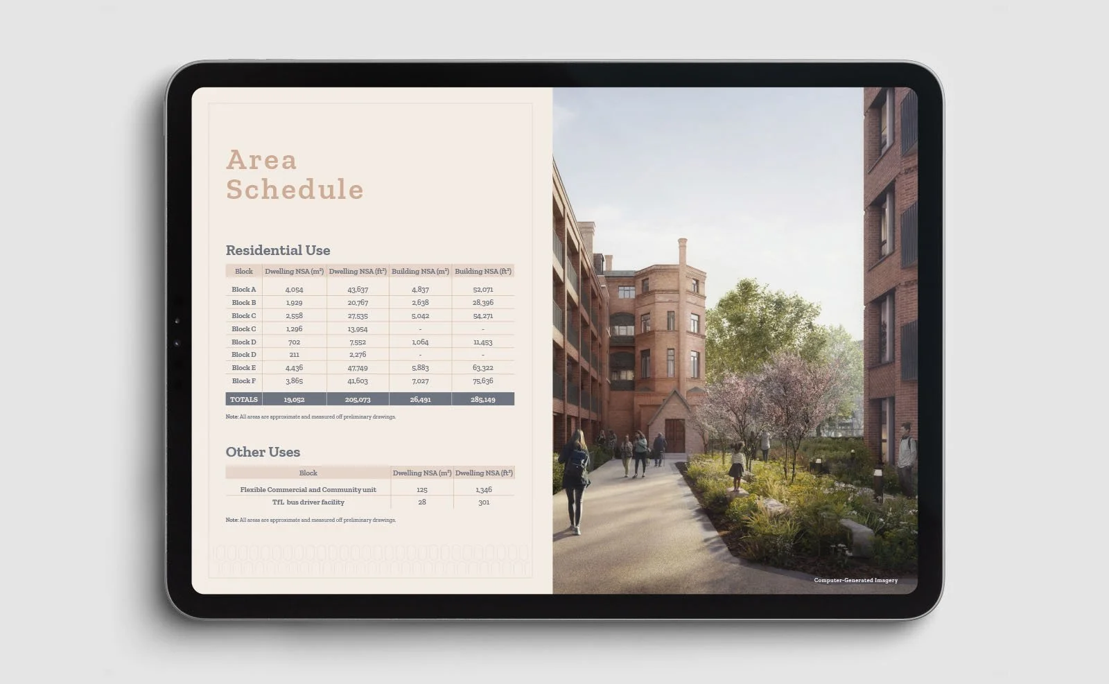 Digital brochure showing the area schedule and a 3D visualisation.