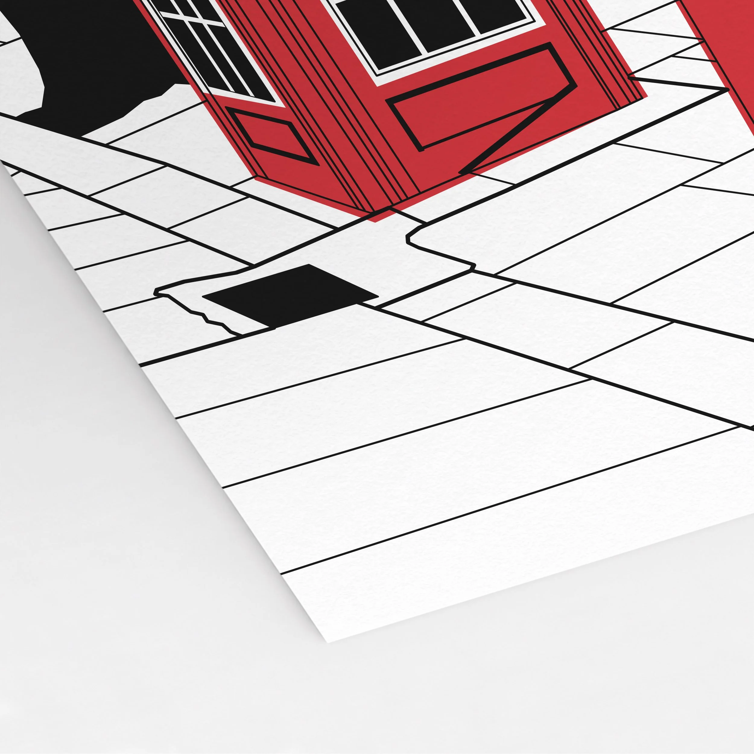 Detail of Pablo Jorge’s red telephone box illustration, showing the kiosk’s architectural linework.