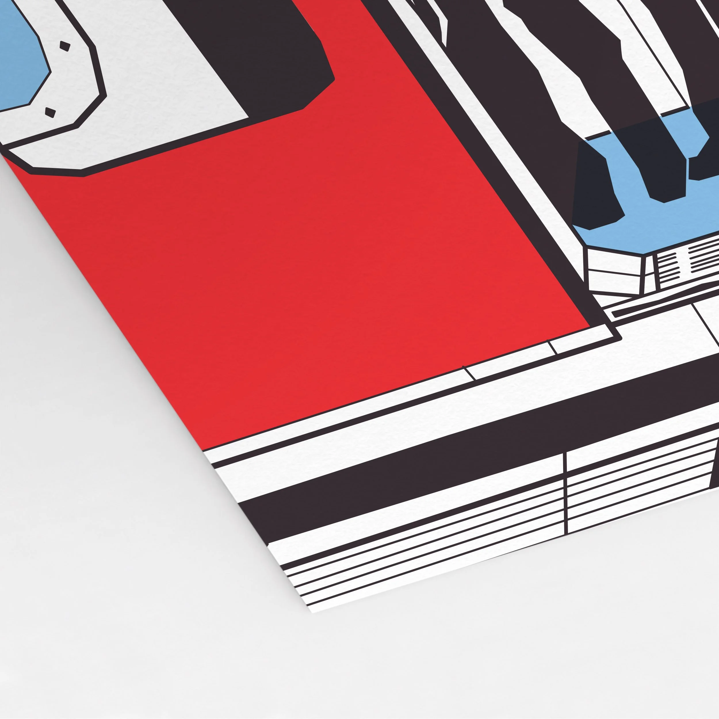 Close-up of Pablo Jorge’s Central line illustration, combining black commuter silhouettes, red train doors and blue accents.