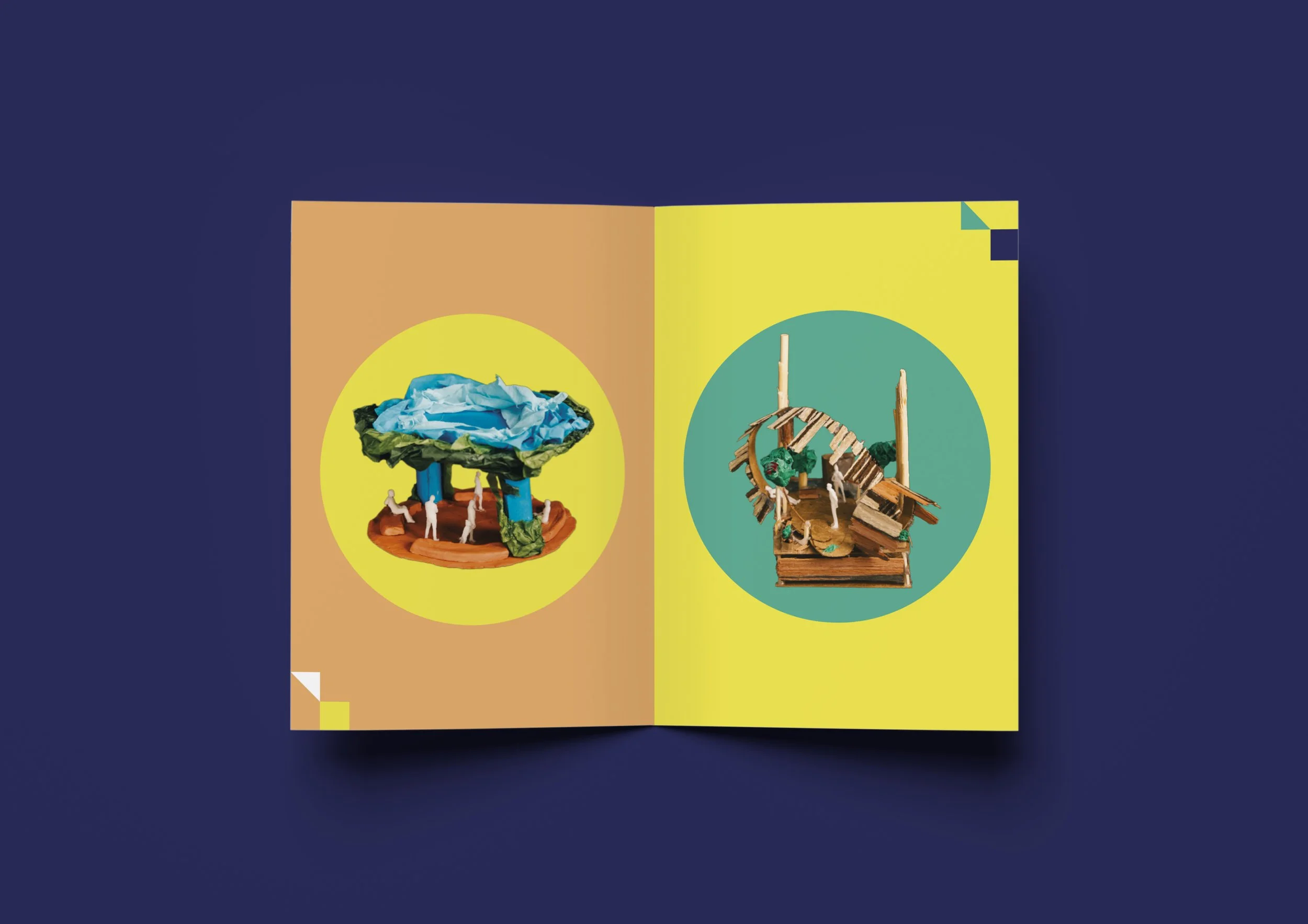 Spread of the summer school booklet with two colourful branded pages that inclide in big circles models made by the school participants.
