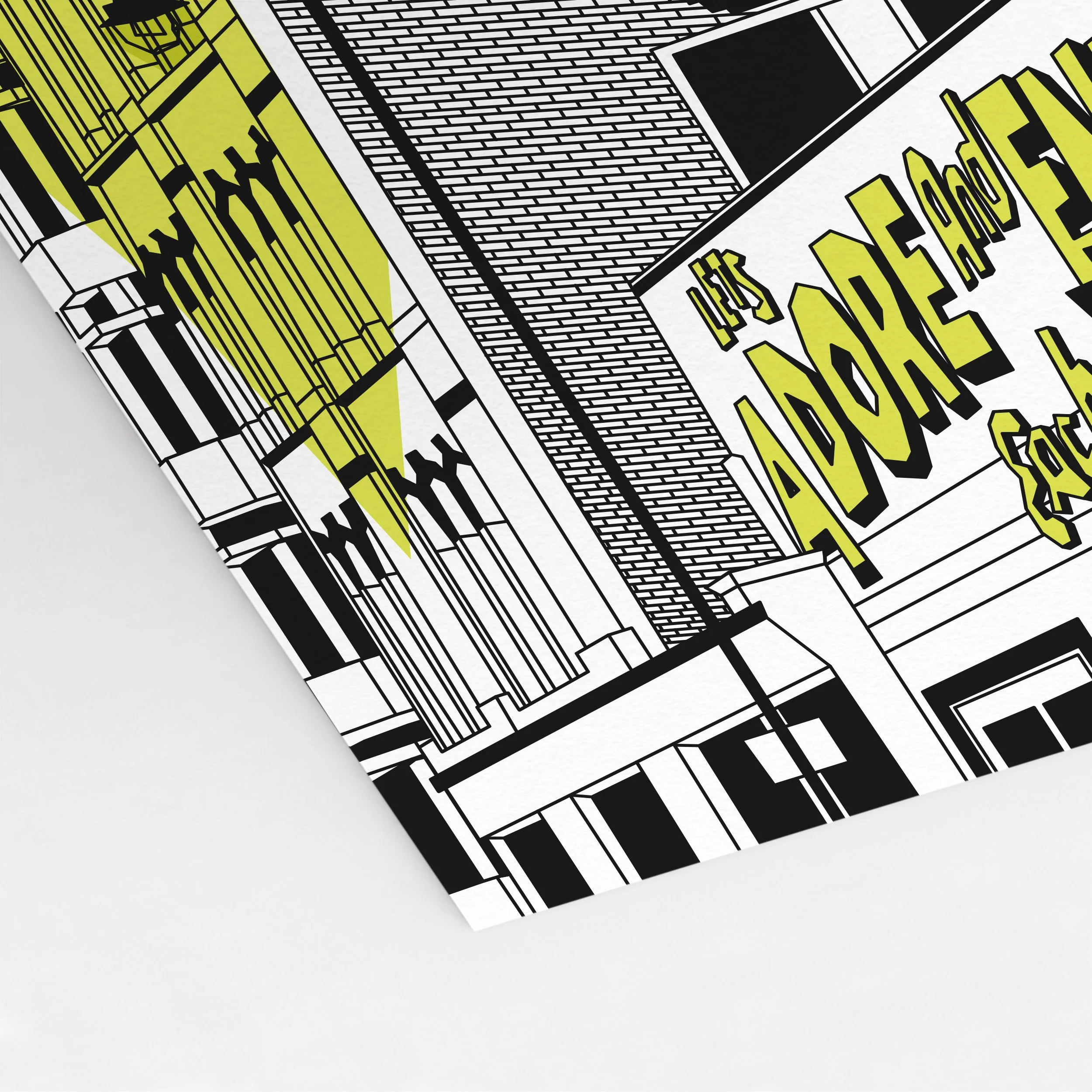Shoreditch art print by Pablo Jorge, showing the Adore & Endure mural beneath rooftop Tube carriages at Village Underground.