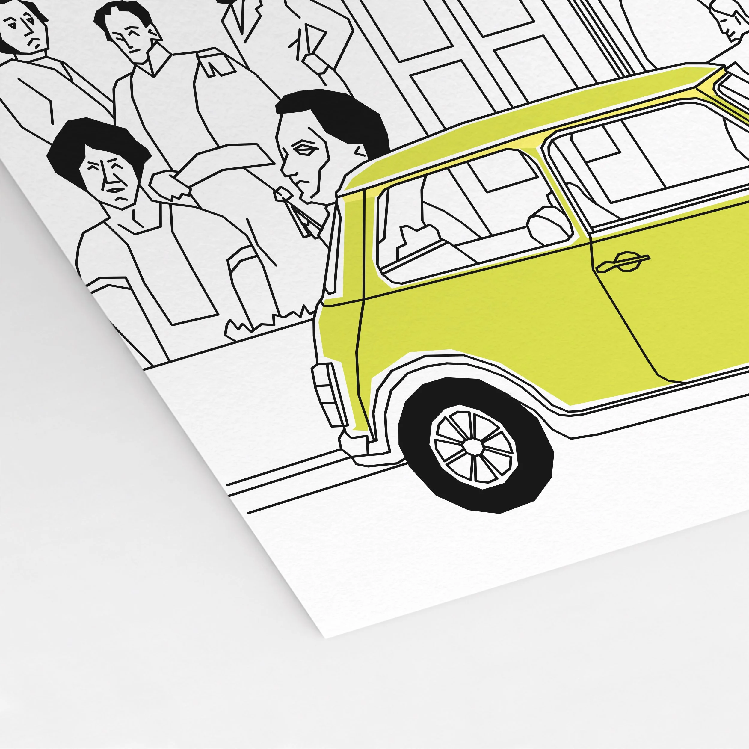 Close-up of Pablo Jorge’s Goodge Place illustration, combining architectural linework with bright yellow accents.