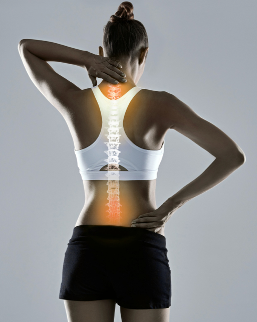 A woman from behind, with her neck and lower back highlighted to indicate pain or discomfort in those areas.