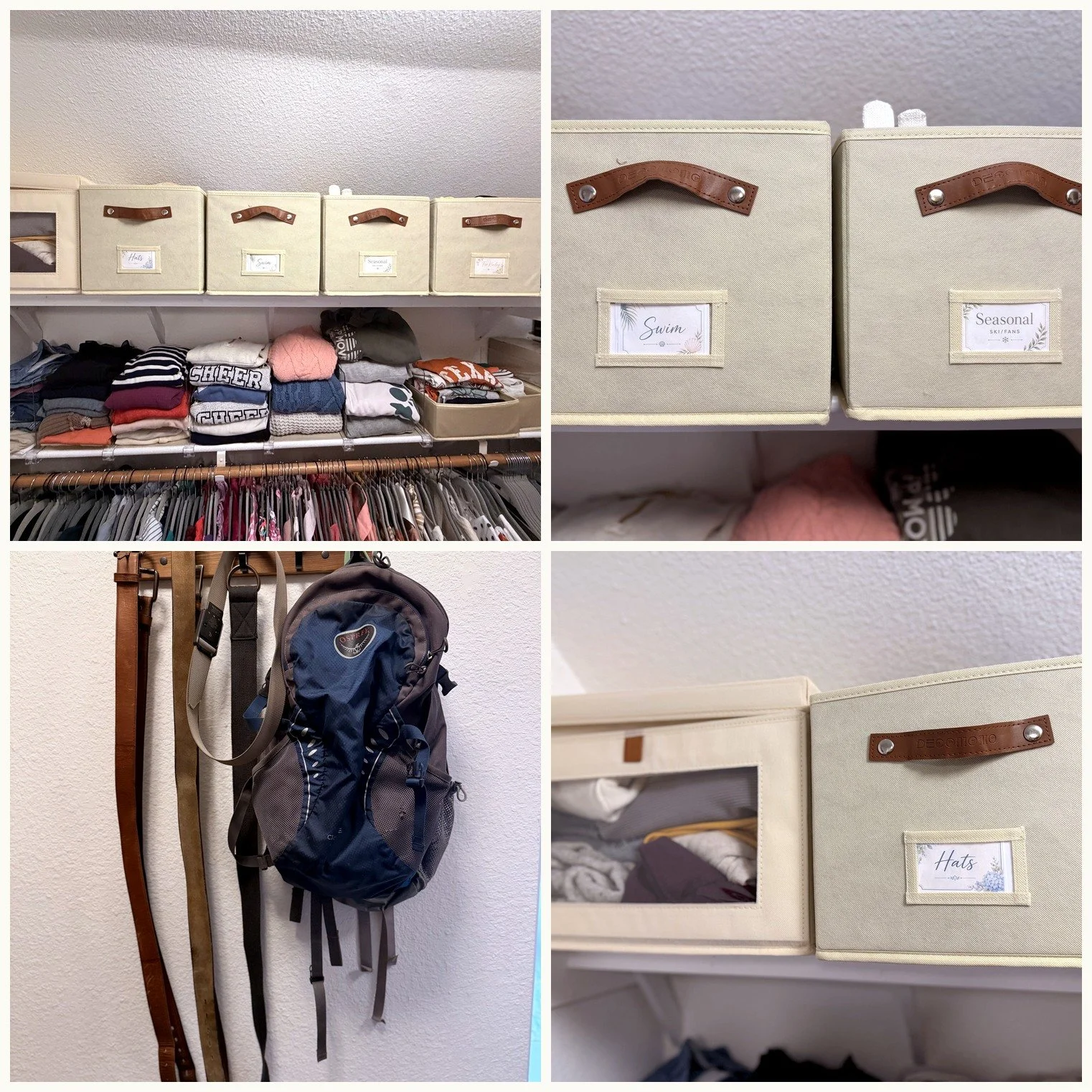 labeled khaki storage boxes on top of shelves, neat stacks of sweaters stacked on shelves. hooks hanging with belts and backpacks organized