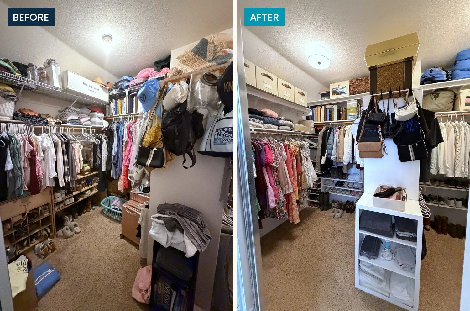 before and after image of cluttered, closet next to organized, decluttered, freshly painted closet.