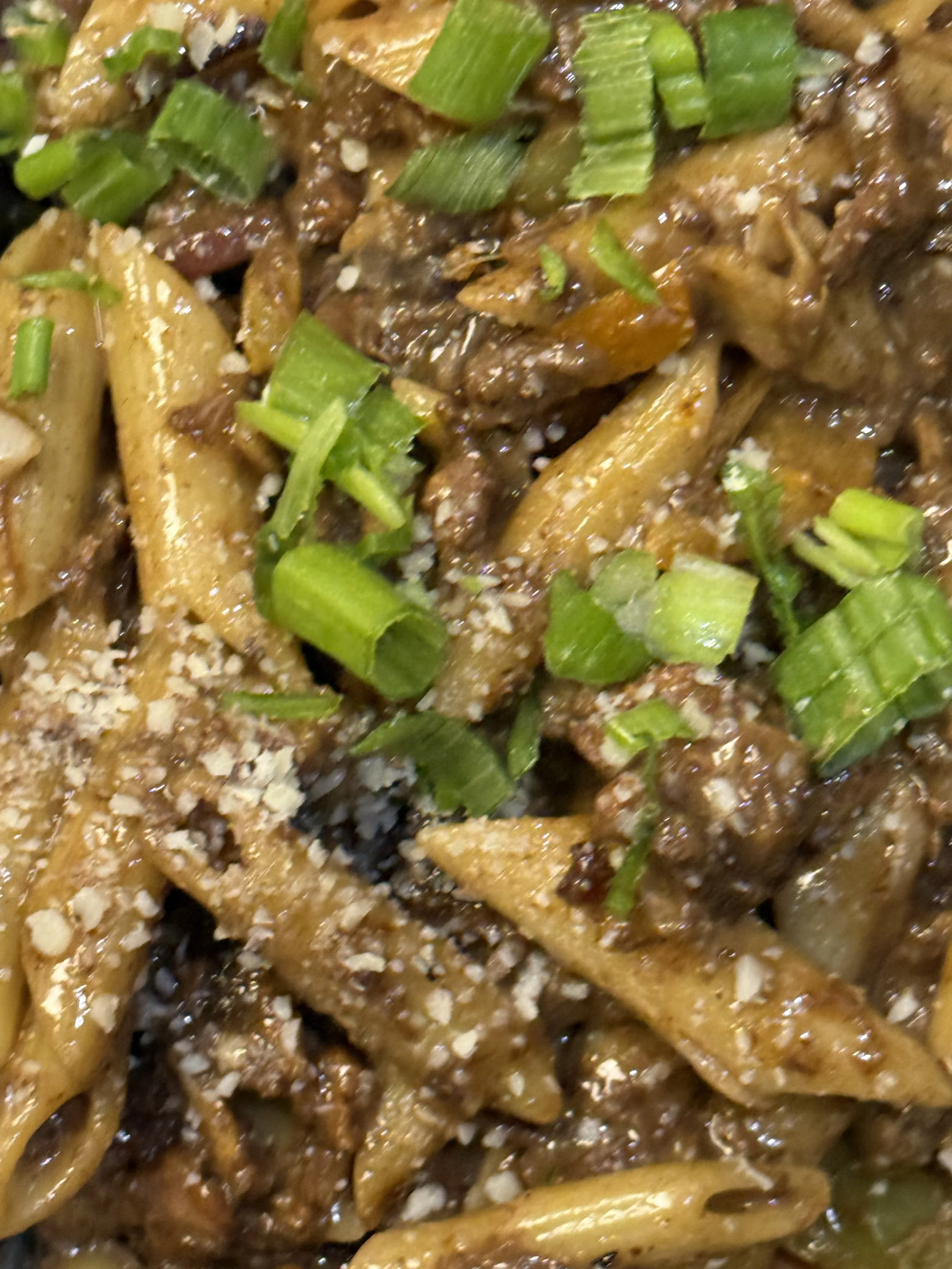 Close-up of a dish featuring fried chicken topped with chopped green onions, sesame seeds, and a savory sauce.