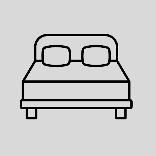 Simple black and white line drawing of a double bed with two pillows, headboard, and bed frame