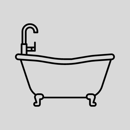 Line drawing of a bathtub with a faucet and clawfoot legs.