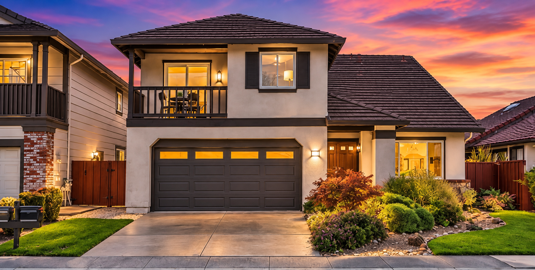 Front view of a two-story house during sunset with illuminated windows and a well-maintained garden with colorful plants.