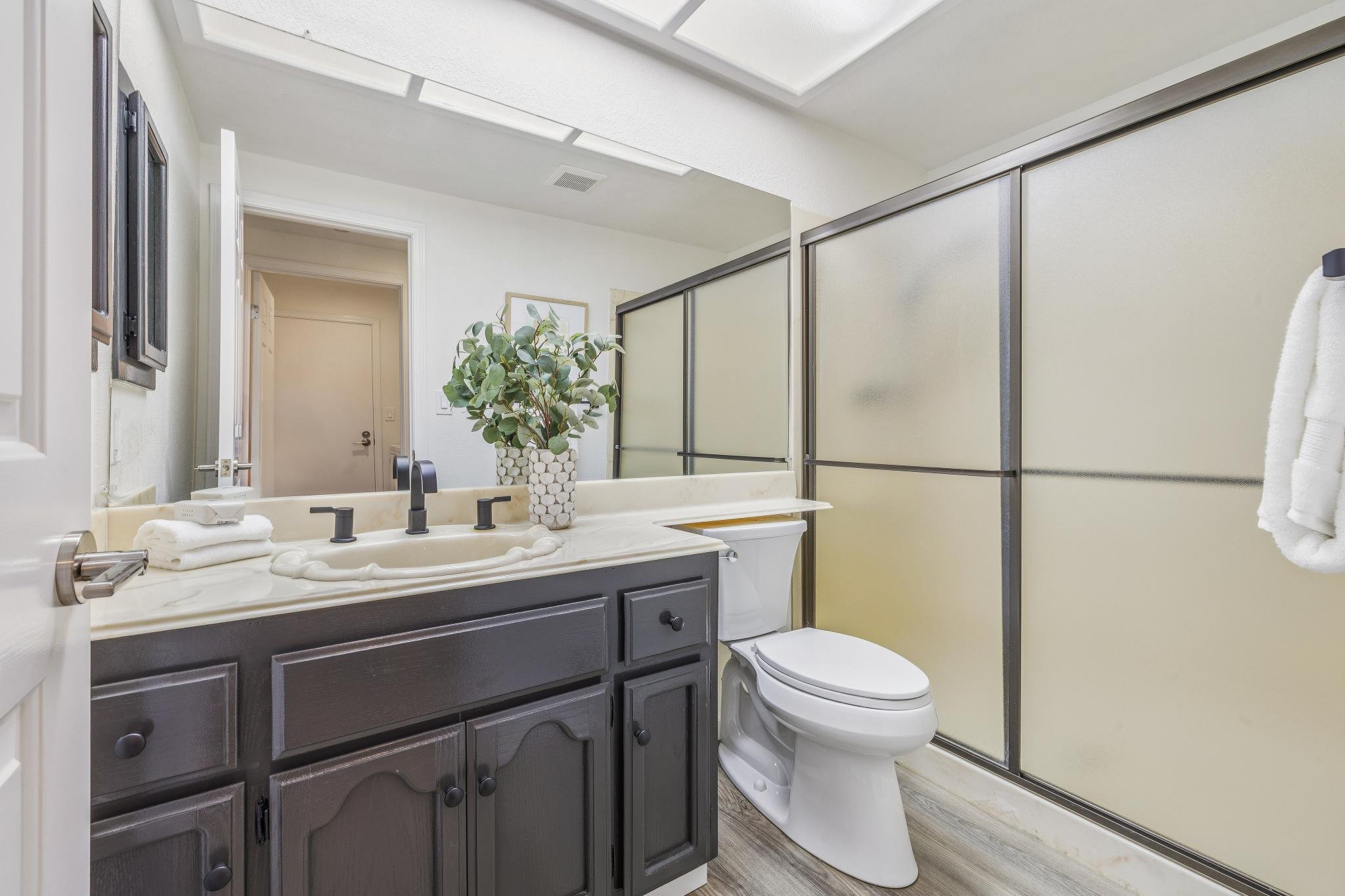 A modern bathroom with a vanity mirror, a plant in a white pot, a faucet, and a sink. There is a shower with frosted glass doors, a white toilet, and a towel hanging on a hook. The ceiling has a skylight and recessed lighting.