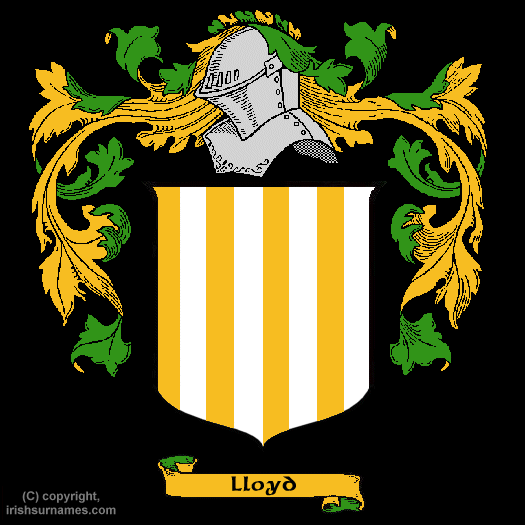 A family crest or coat of arms with a shield featuring yellow and white vertical stripes, a helmet above the shield, and ornate green and gold mantling. A banner with the name "Lloyd" is below the shield.